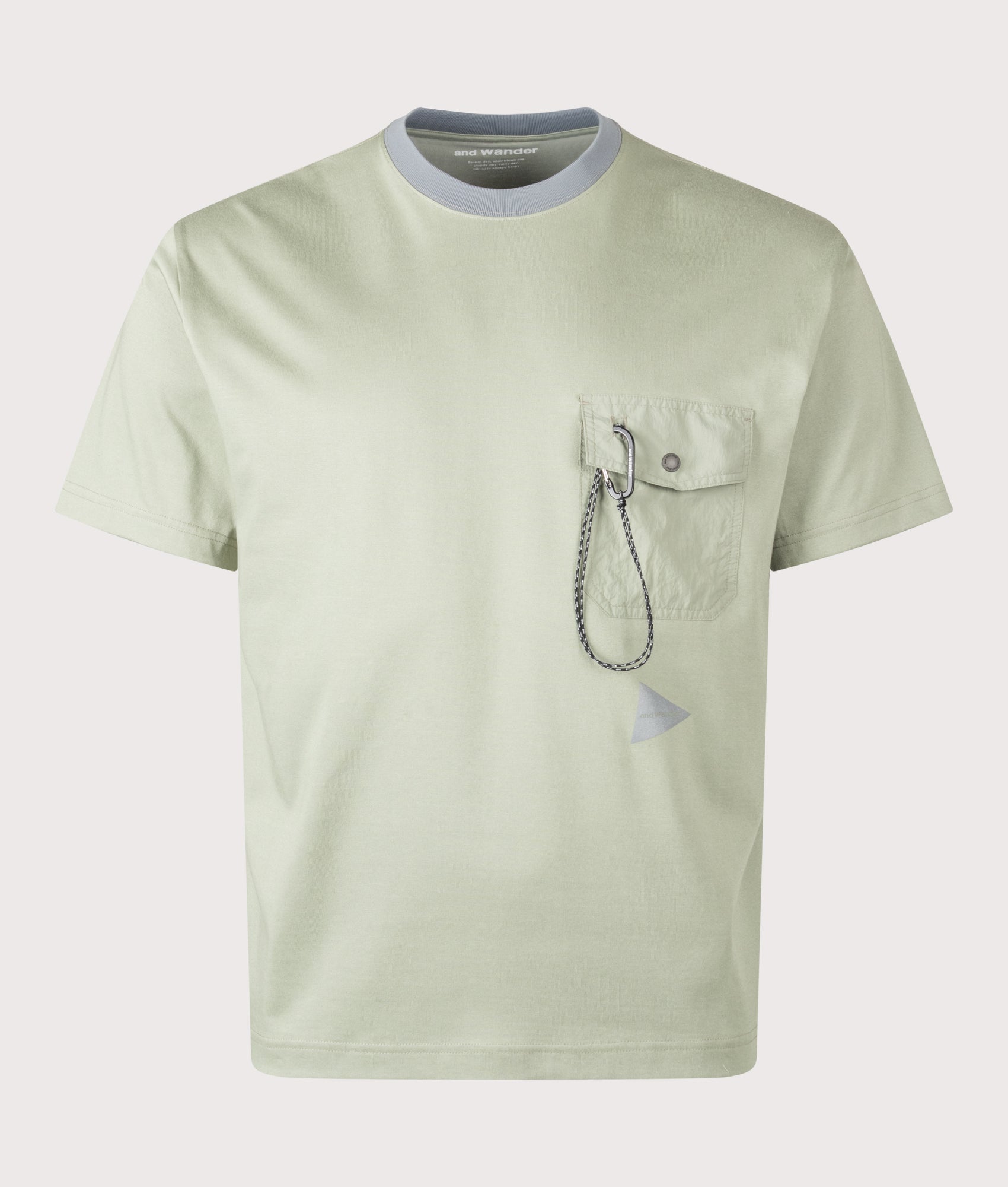 and wander Pocket T-Shirt in Light Sage at EQVVS Menswear. Front shot.