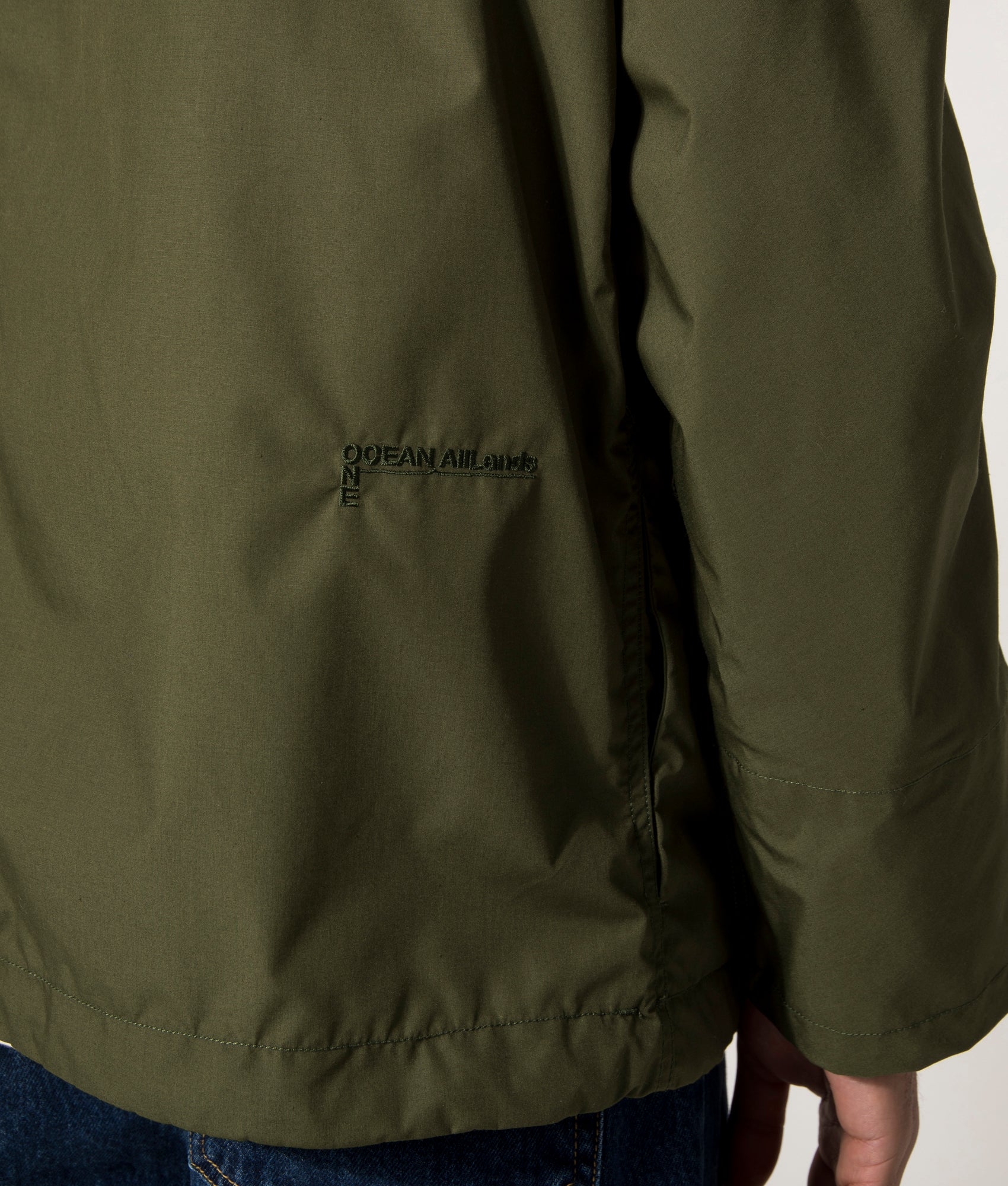 nanamica, Hooded Deck Jacket, Olive Drab, Eqvvs Menswear, Model Detail Shot angle