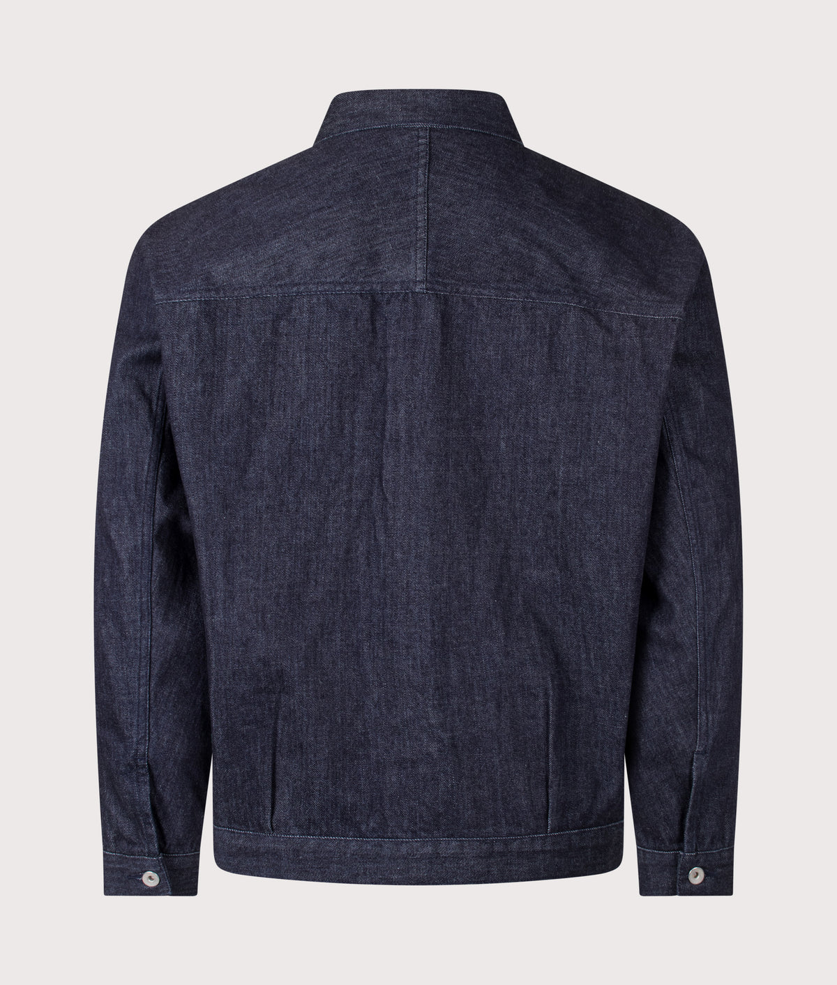nanamica Relaxed Fit Short Denim Jacket in Indigo at EQVVS Menswear. Detail shot.