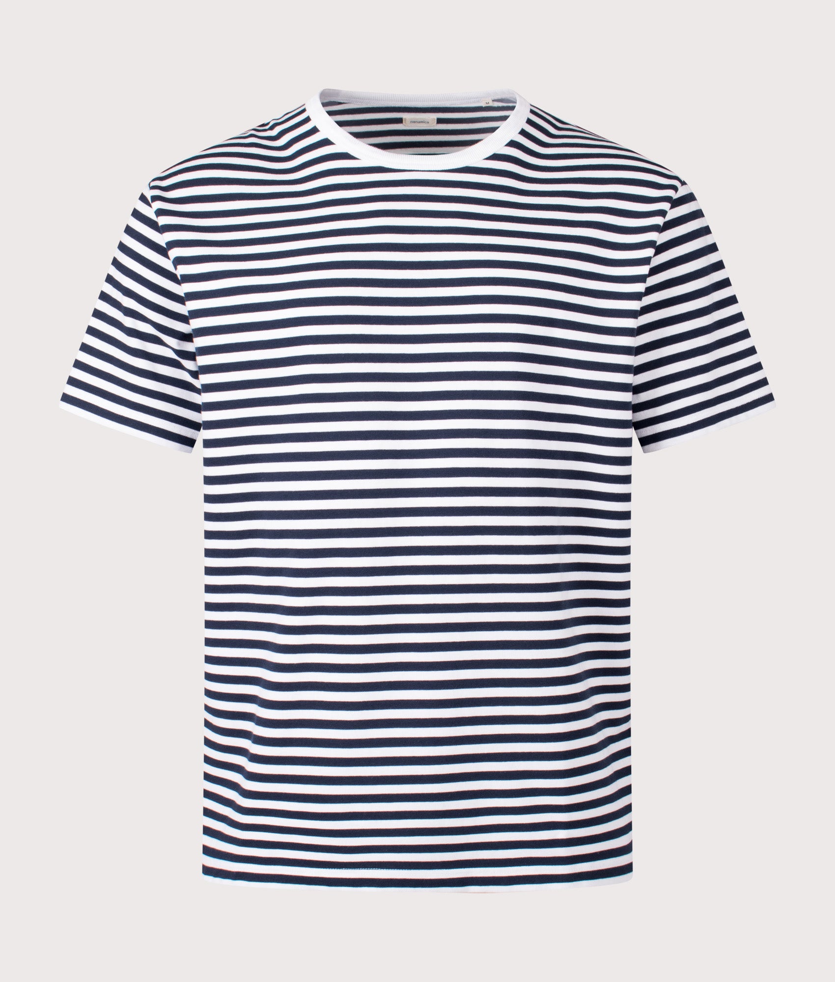 nanamica Relaxed fit COOLMAX Stripe Jersey T-Shirt in Navy and White at EQVVS Menswear. Front shot.