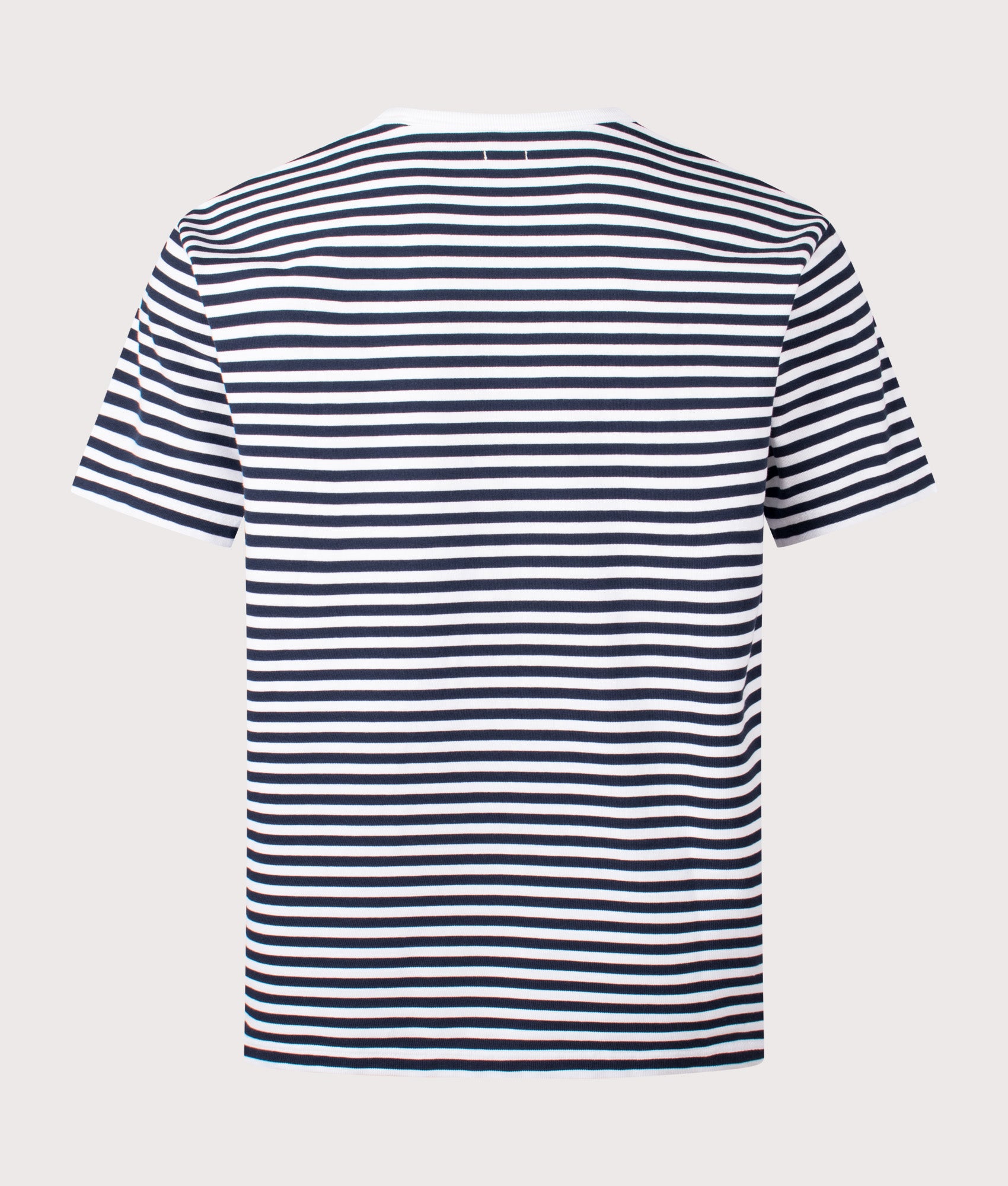 nanamica Relaxed fit COOLMAX Stripe Jersey T-Shirt in Navy and White at EQVVS Menswear. Back shot.