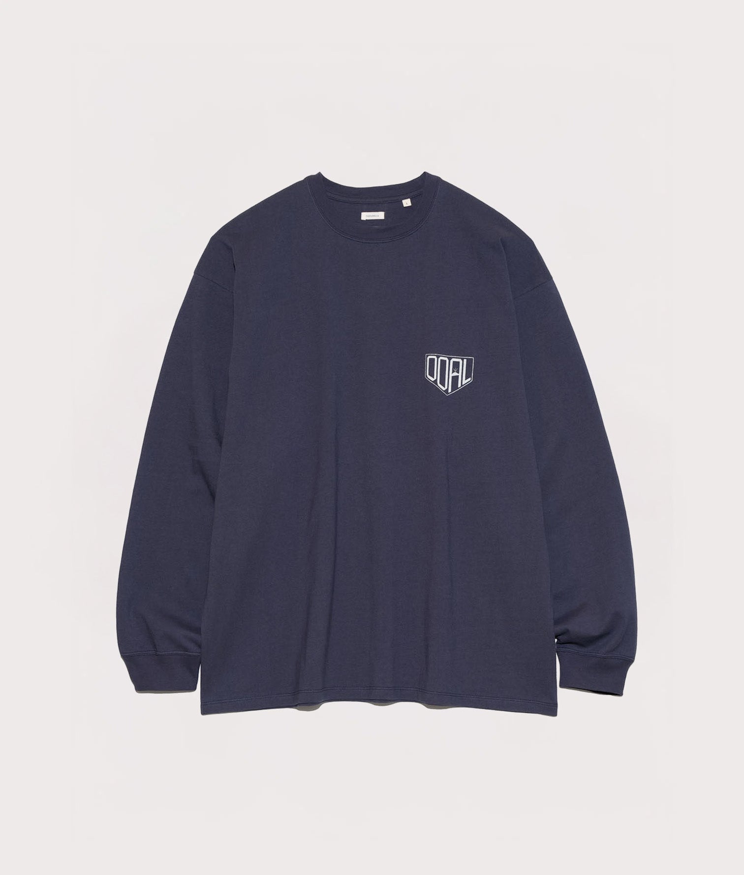nanamica OOAL Long Sleeve Graphic T-Shirt in Vintage Navy at EQVVS. Front Shot.