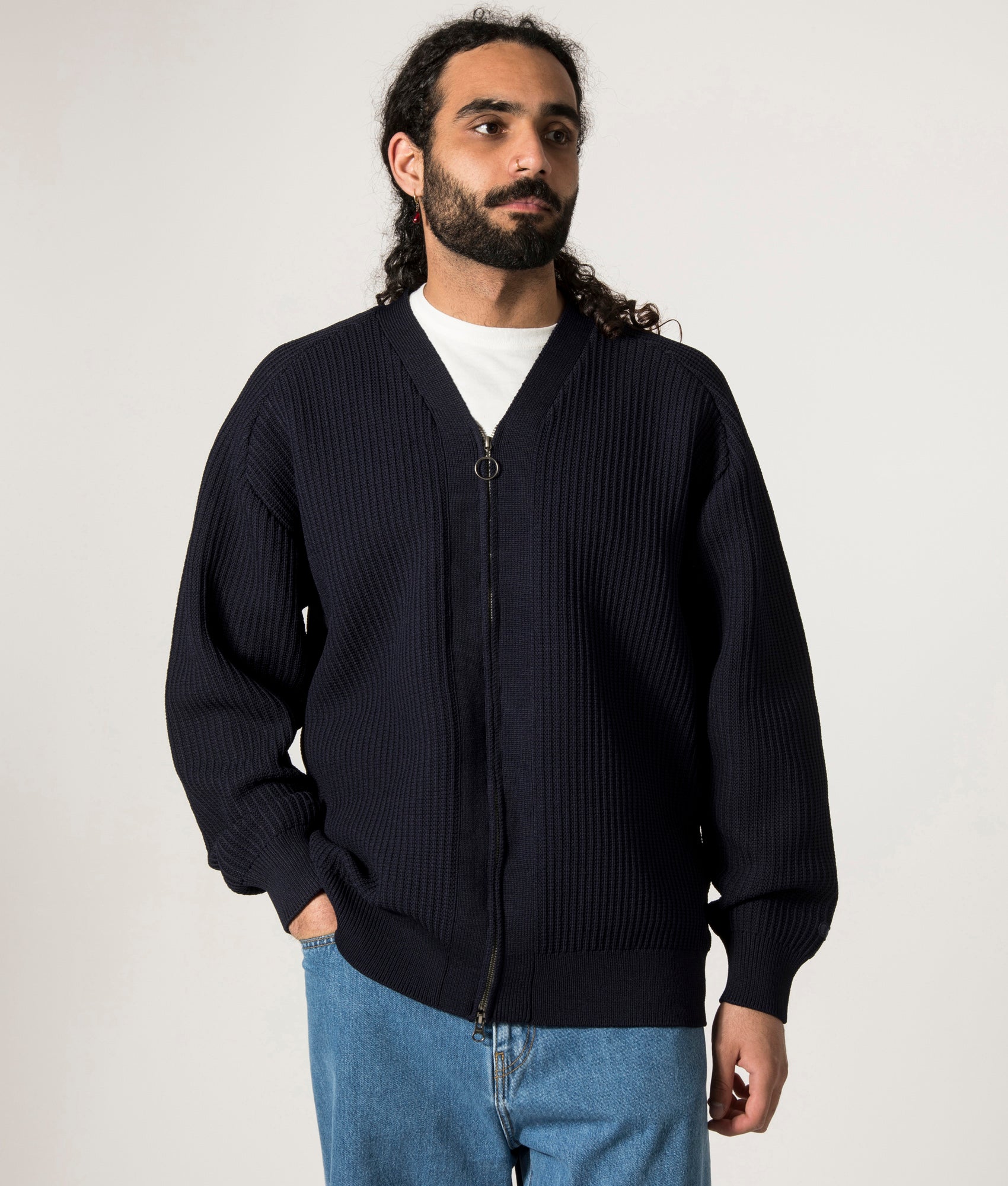 nanamica 5G Zip Through Cardigan in Navy Blue at EQVVS. Model Zip Up Front Shot.