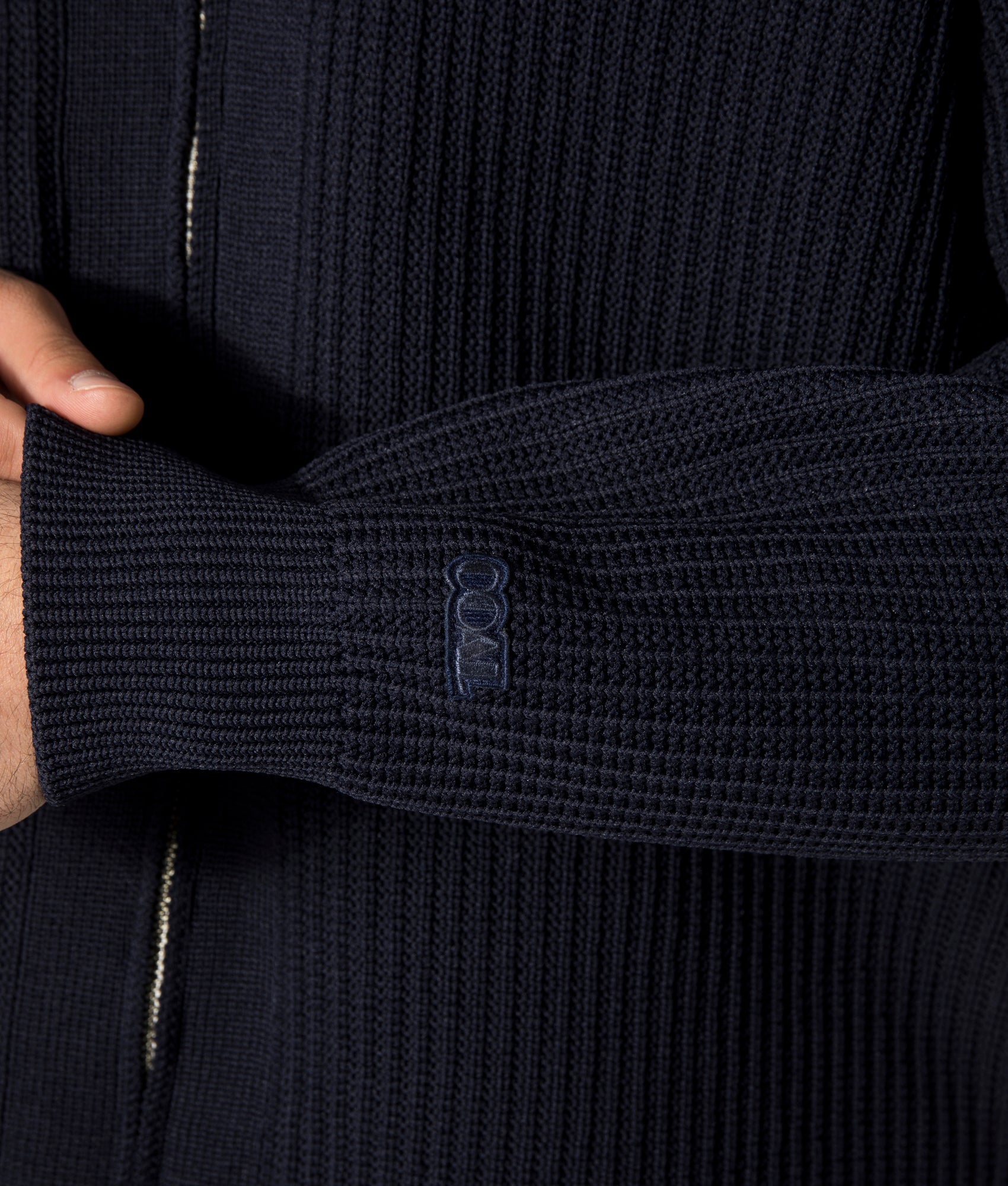 nanamica 5G Zip Through Cardigan in Navy Blue at EQVVS. Front Model Detail Shot.