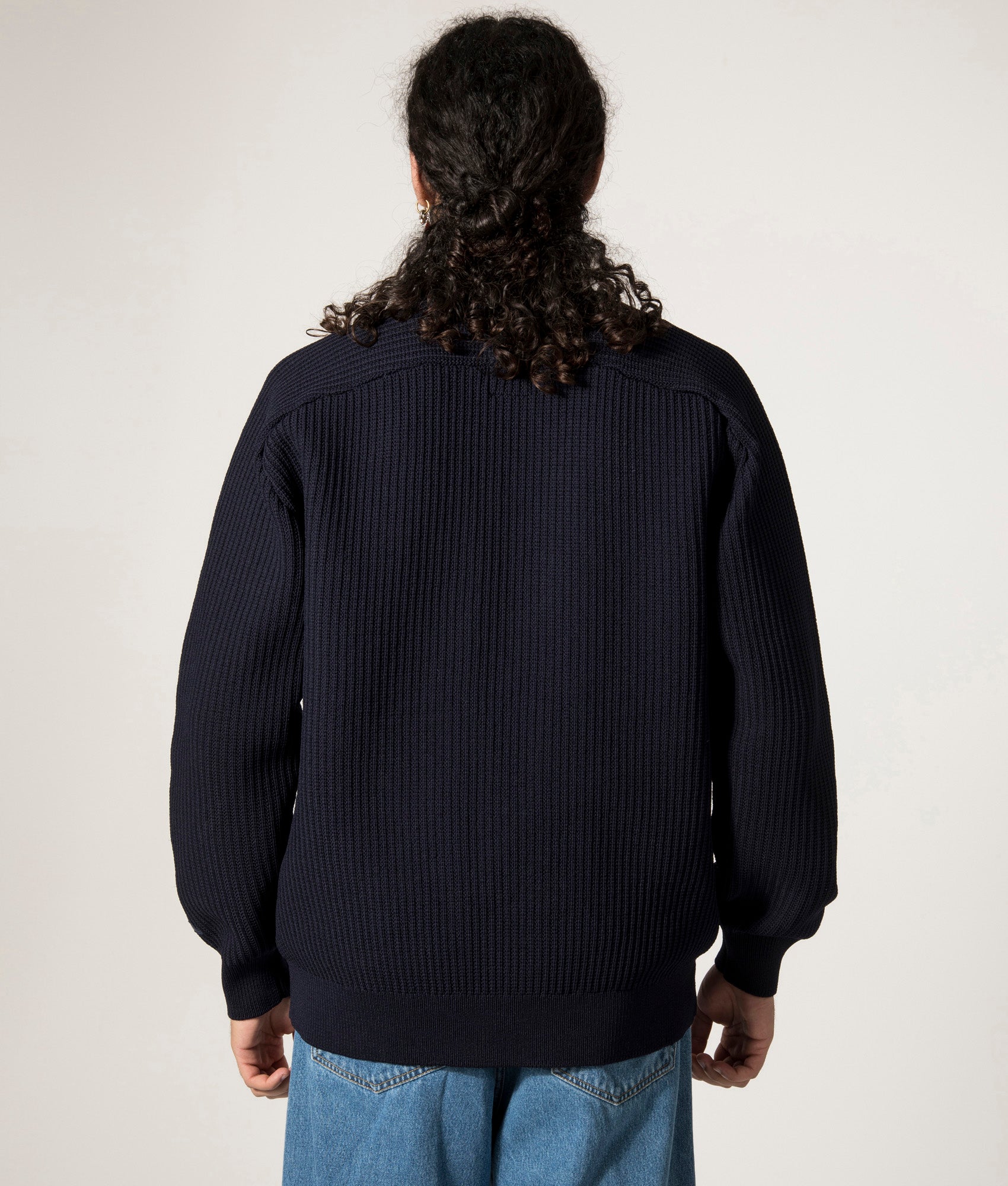 nanamica 5G Zip Through Cardigan in Navy Blue at EQVVS. Back Shot.