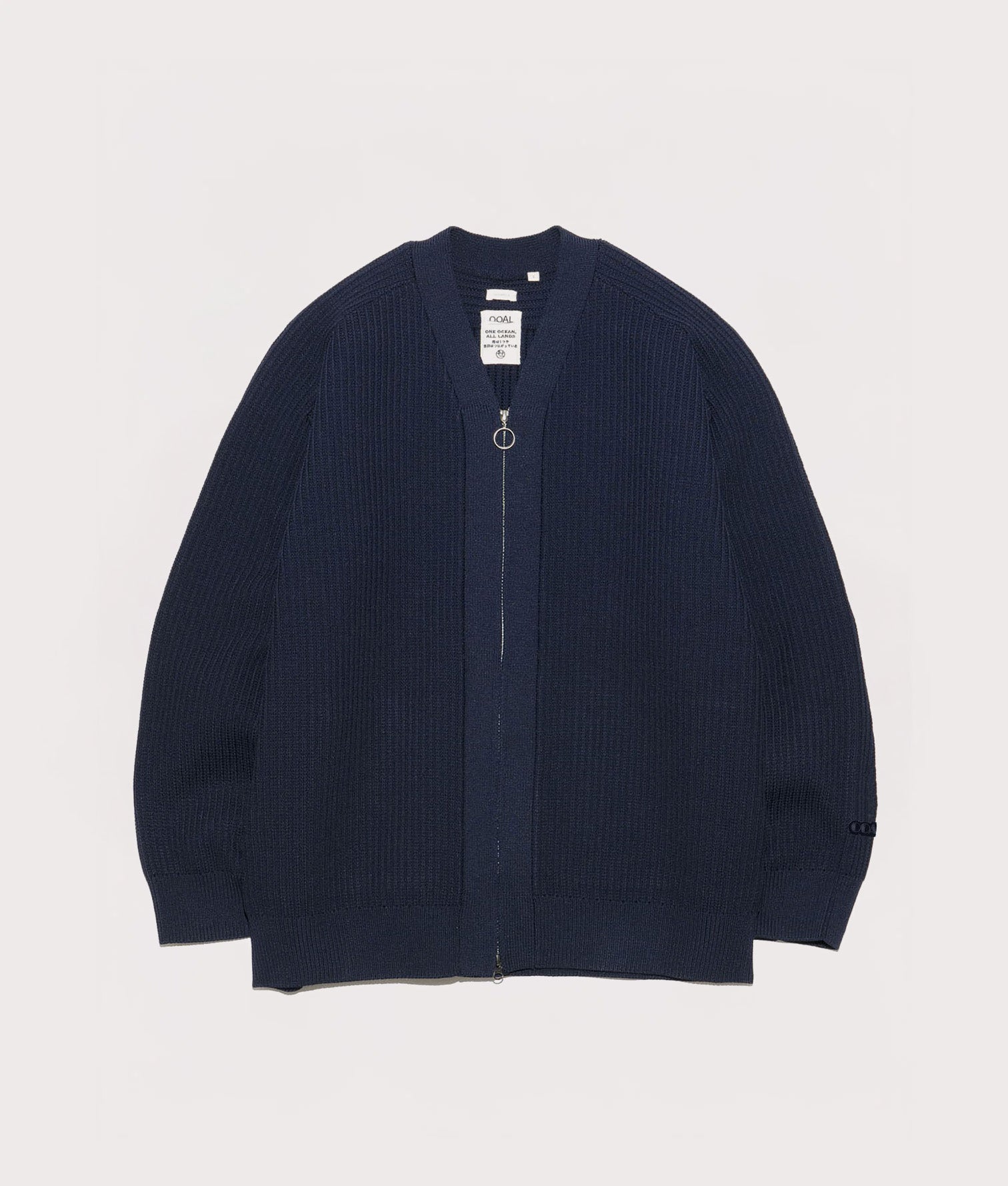 nanamica 5G Zip Through Cardigan in Navy Blue at EQVVS. Front Shot.