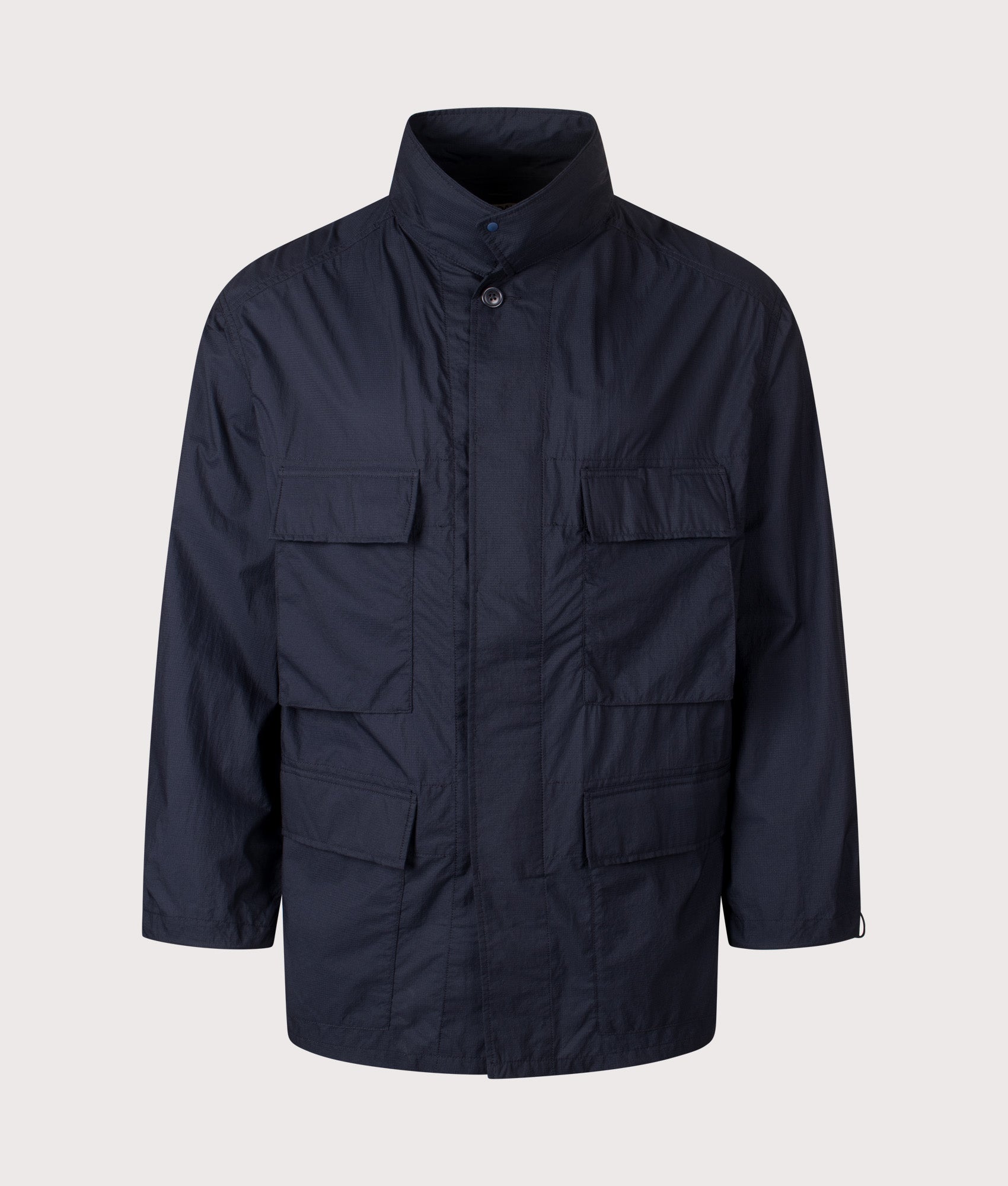 Nanamica Light Weight Field Jacket in Dark Navy at EQVVS Menswear. Alternative collar front shot.
