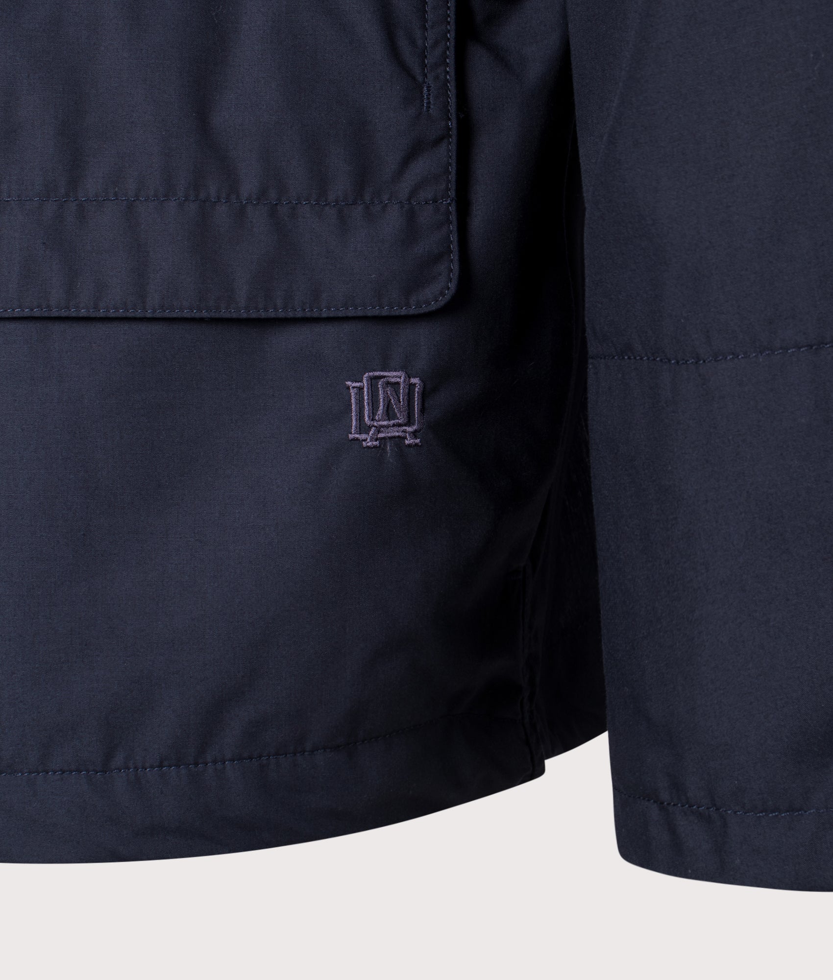 Nanamica Hooded Deck jacket in Navy at EQVVS Menswear. Detail shot.