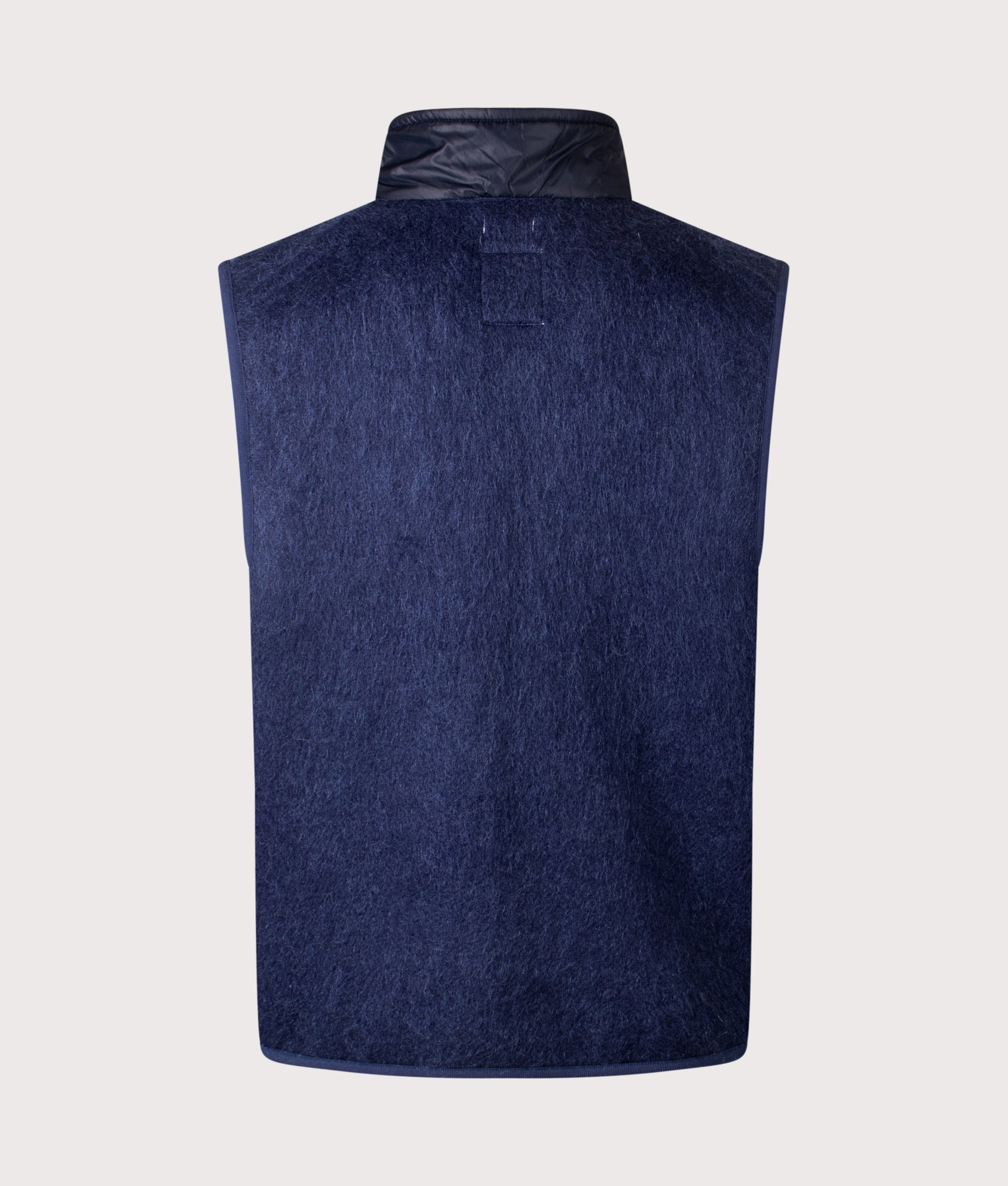 Nanamica Zip-Up Mohair Vest in Navy at EQVVS Menswear. Back shot.