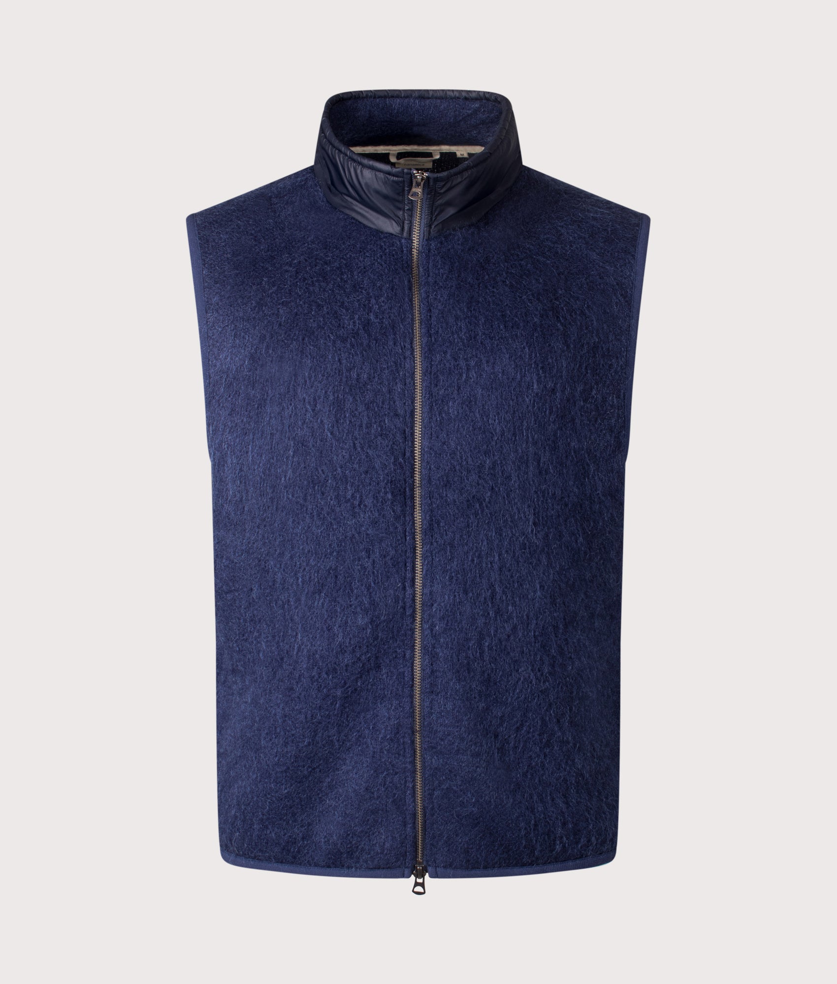 Nanamica Zip-Up Mohair Vest in Navy at EQVVS Menswear. Front shot.