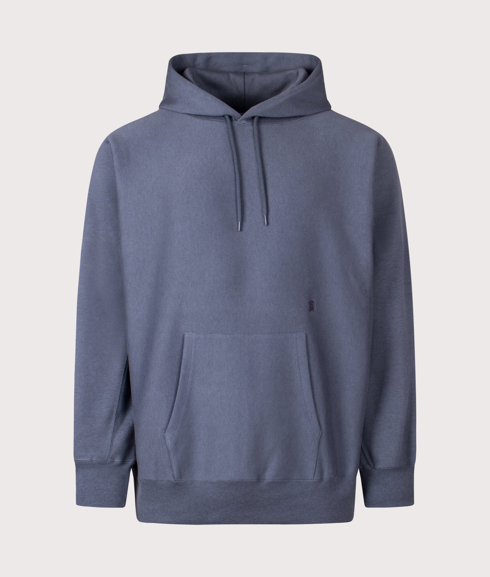 Nanamica Pullover sweat hoodie in Heather Navy at EQVVS Menswear. Front shot.