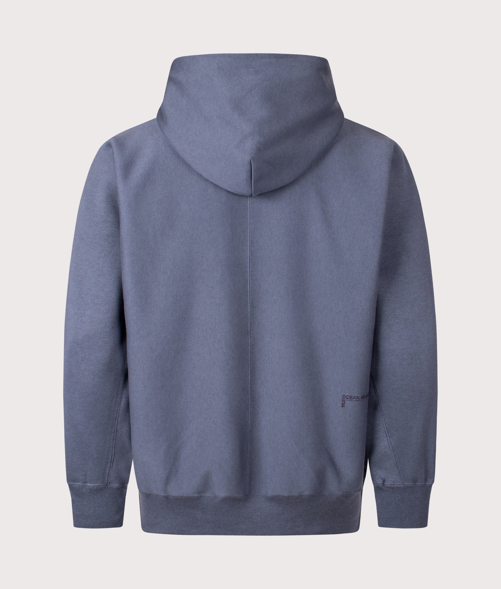Nanamica Pullover sweat hoodie in Heather Navy at EQVVS Menswear. Back shot. 