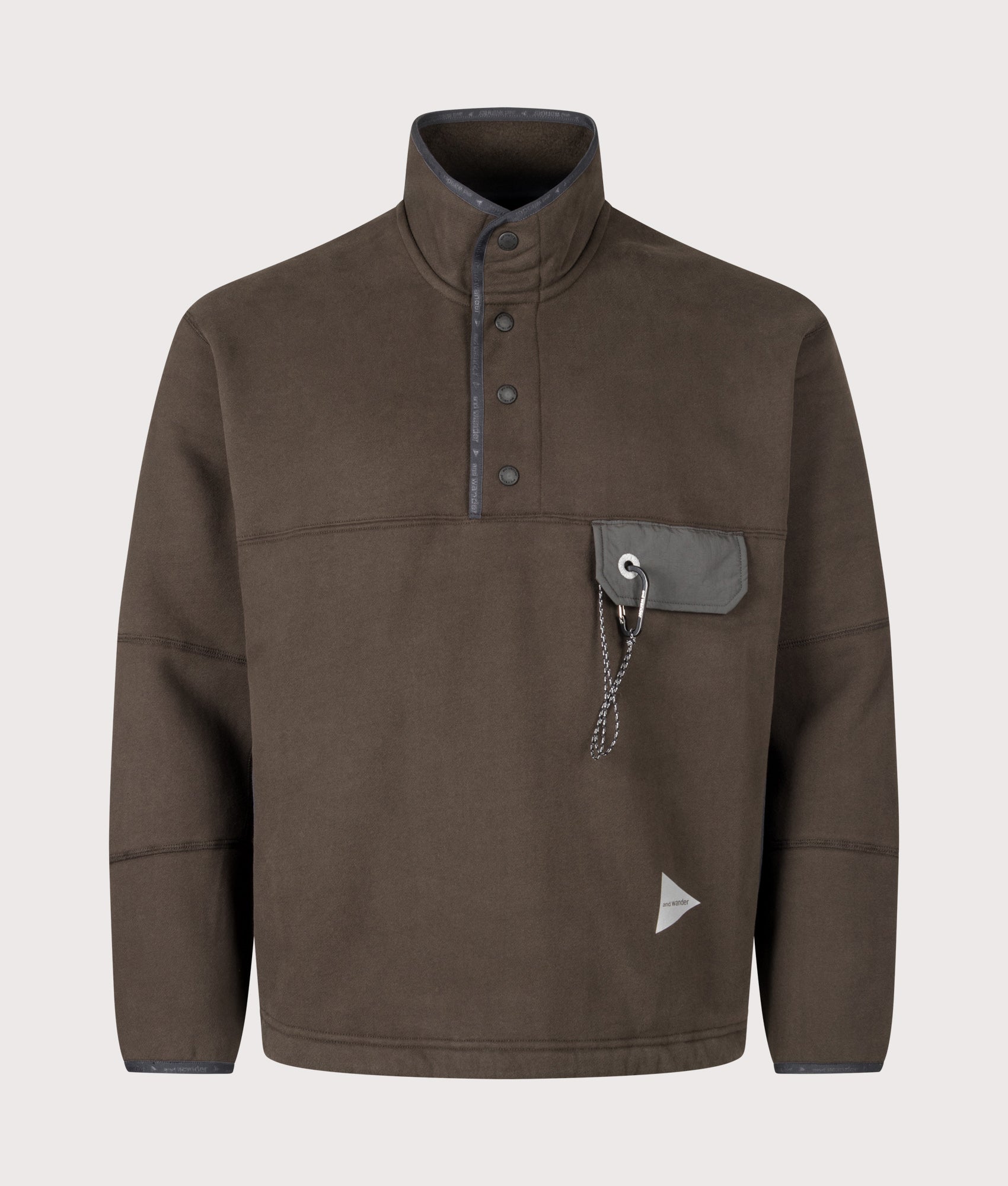 and wander Relaxed Fit Button Placket Overhead Sweatshirt in Dark Brown at EQVVS Menswear. Front shot.
