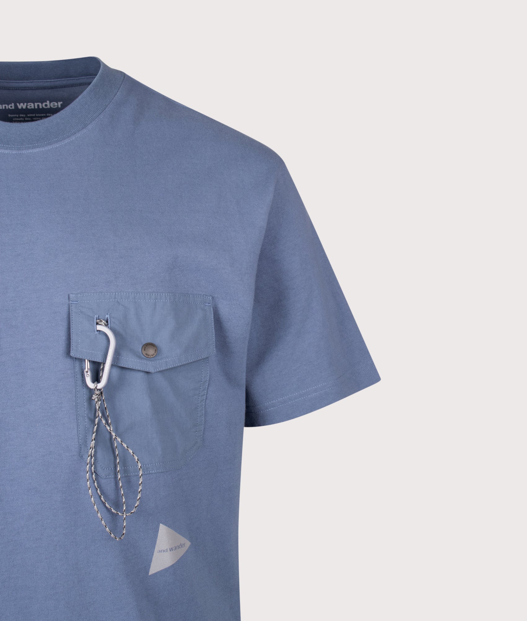 and wander Relaxed Fit Heavy Cotton Pocket T-Shirt in Light Blue at EQVVS Menswear. Detail shot.