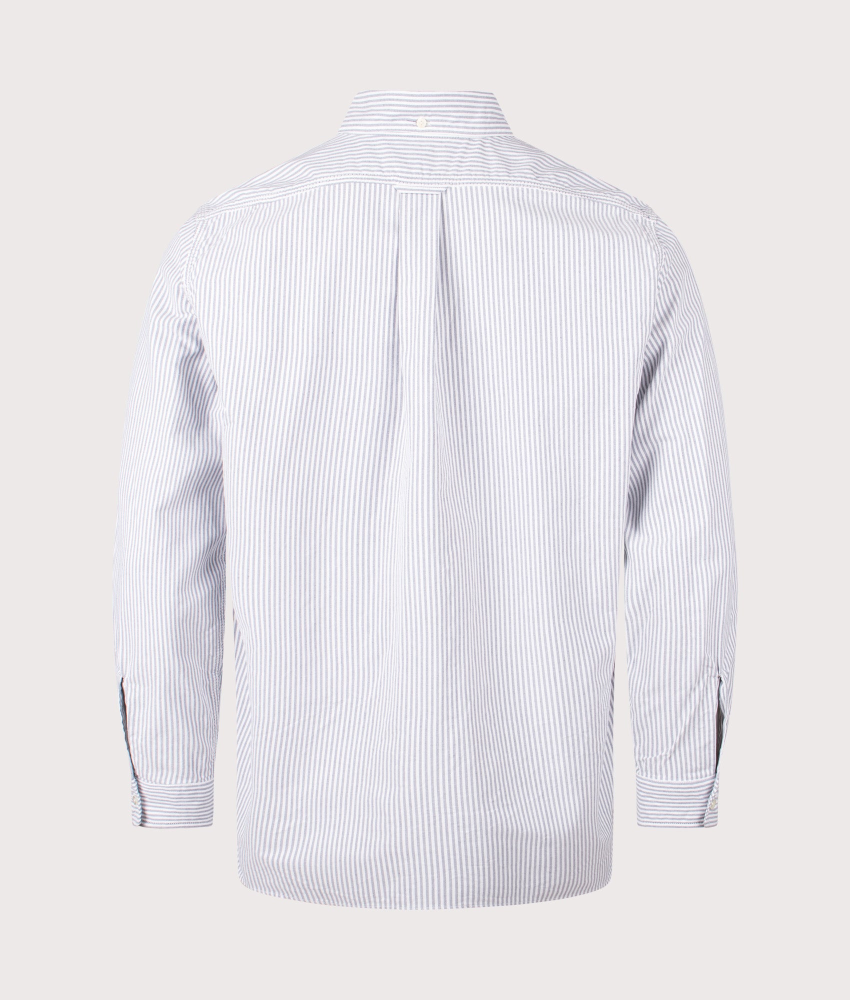 nanamica Relaxed Fit Button Down Stripe Wind Shirt in Navy at EQVVS Menswear. Back shot.