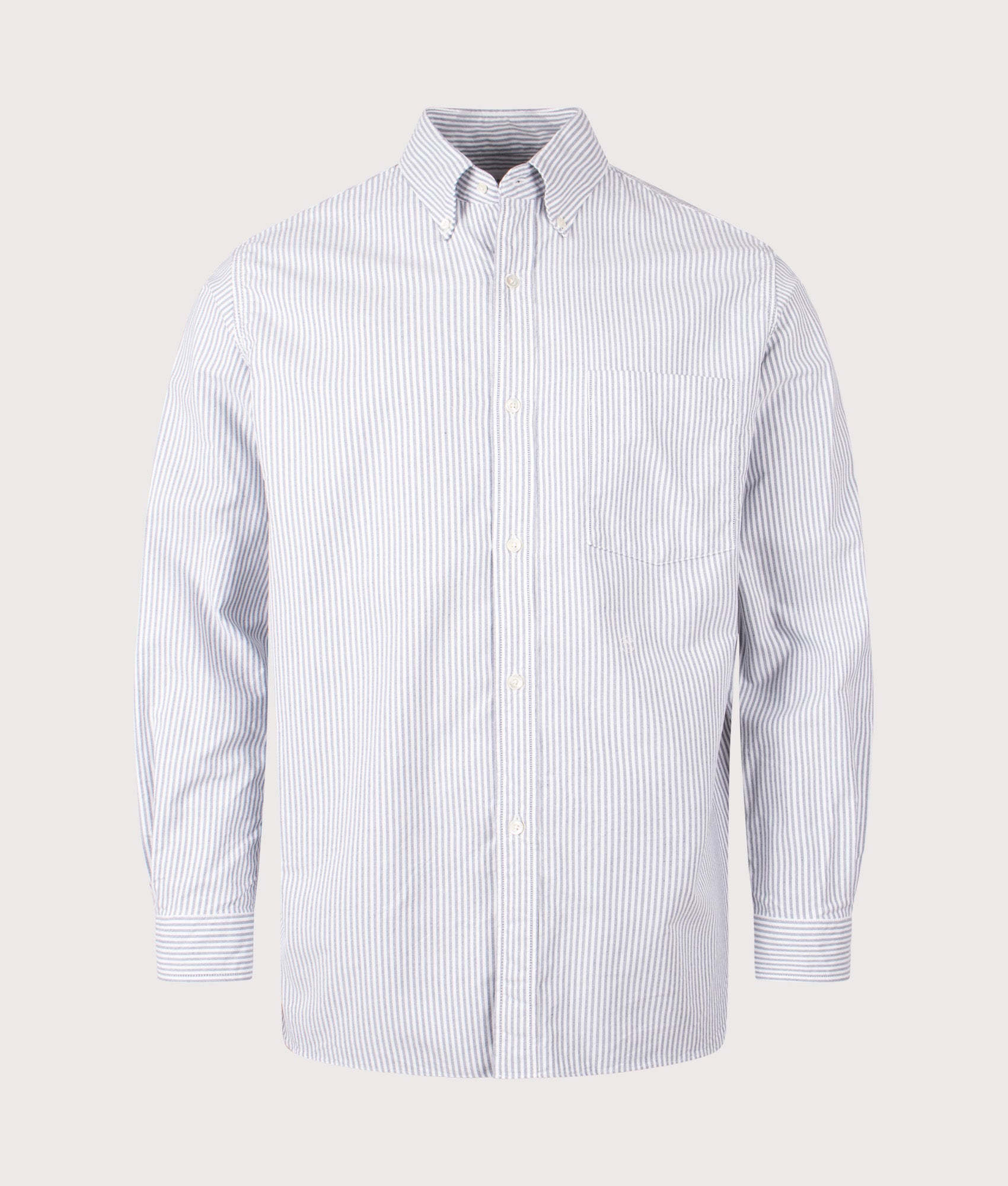 nanamica Relaxed Fit Button Down Stripe Wind Shirt in Navy at EQVVS Menswear. Front shot.