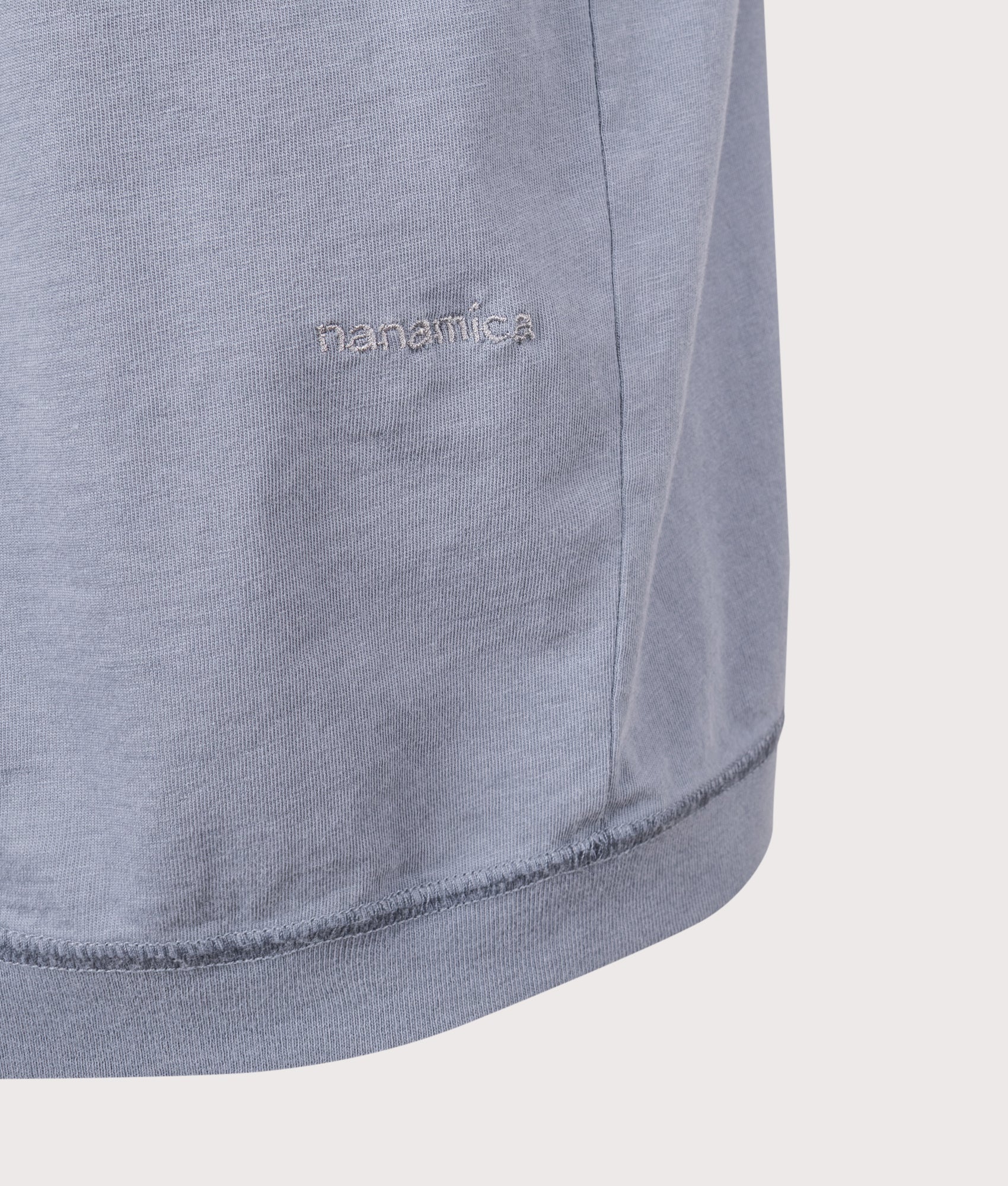 nanamica OOAL Pocket T-Shirt in Blue Gray at EQVVS Menswear. Detail shot.