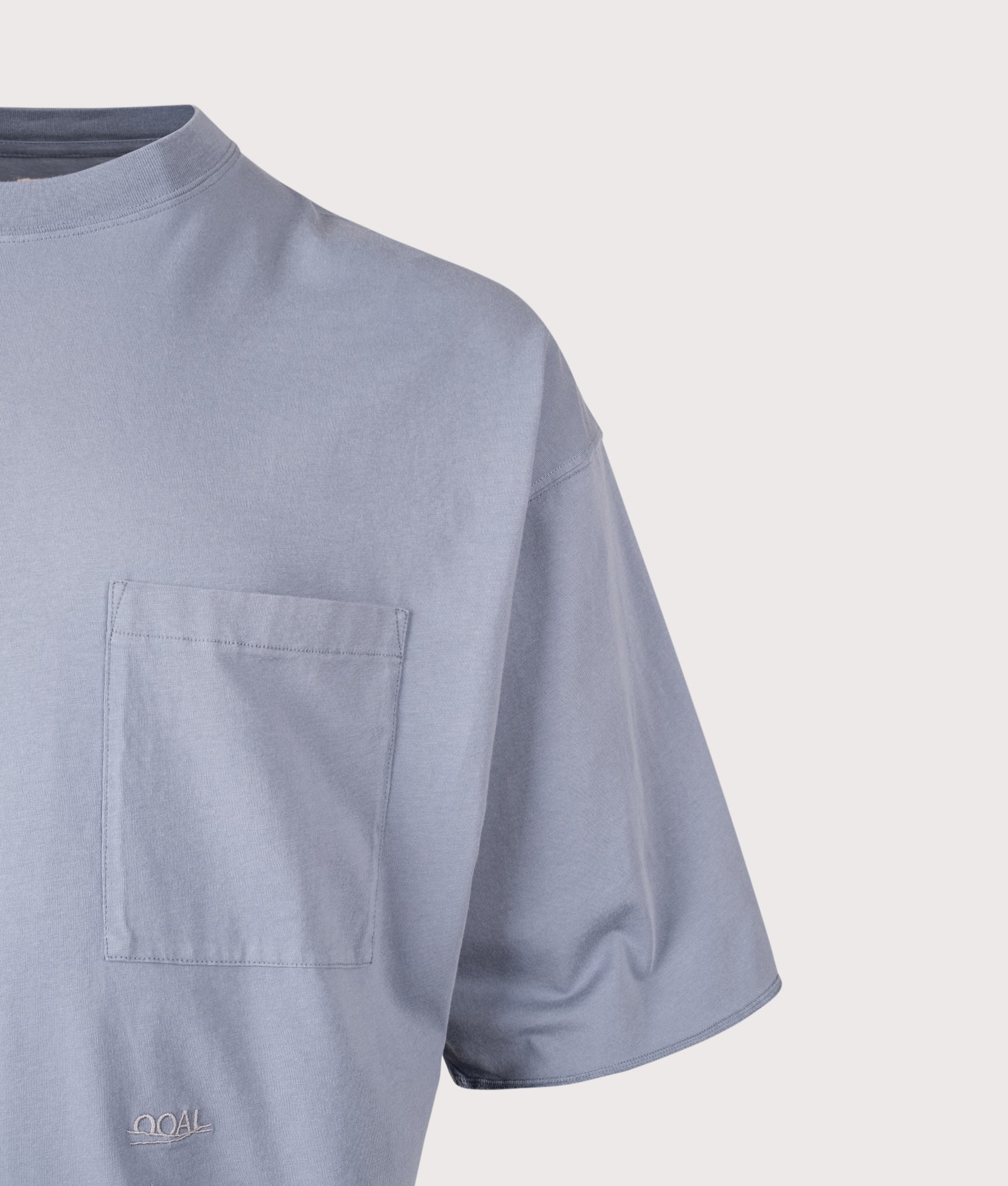 nanamica OOAL Pocket T-Shirt in Blue Gray at EQVVS Menswear. Detail shot.