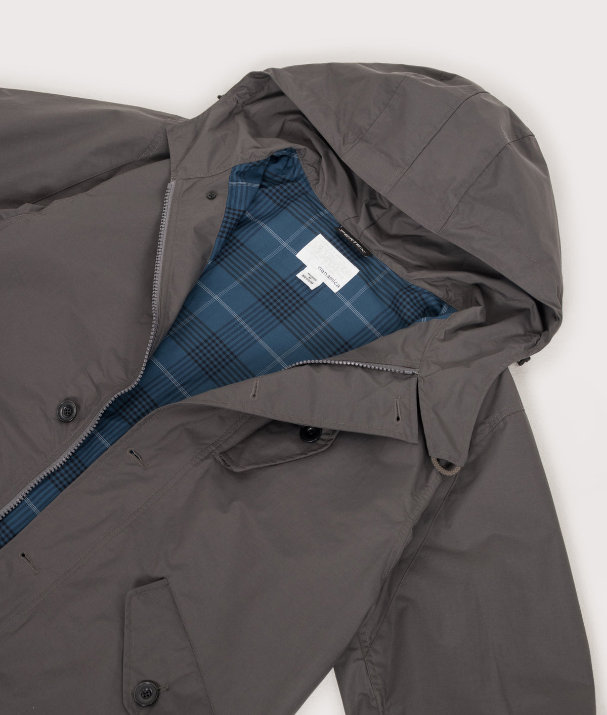 nanamica 2L PERTEX® UNLIMITED Cruiser Jacket in Charcoal at EQVVS Menswear. Detail shot.