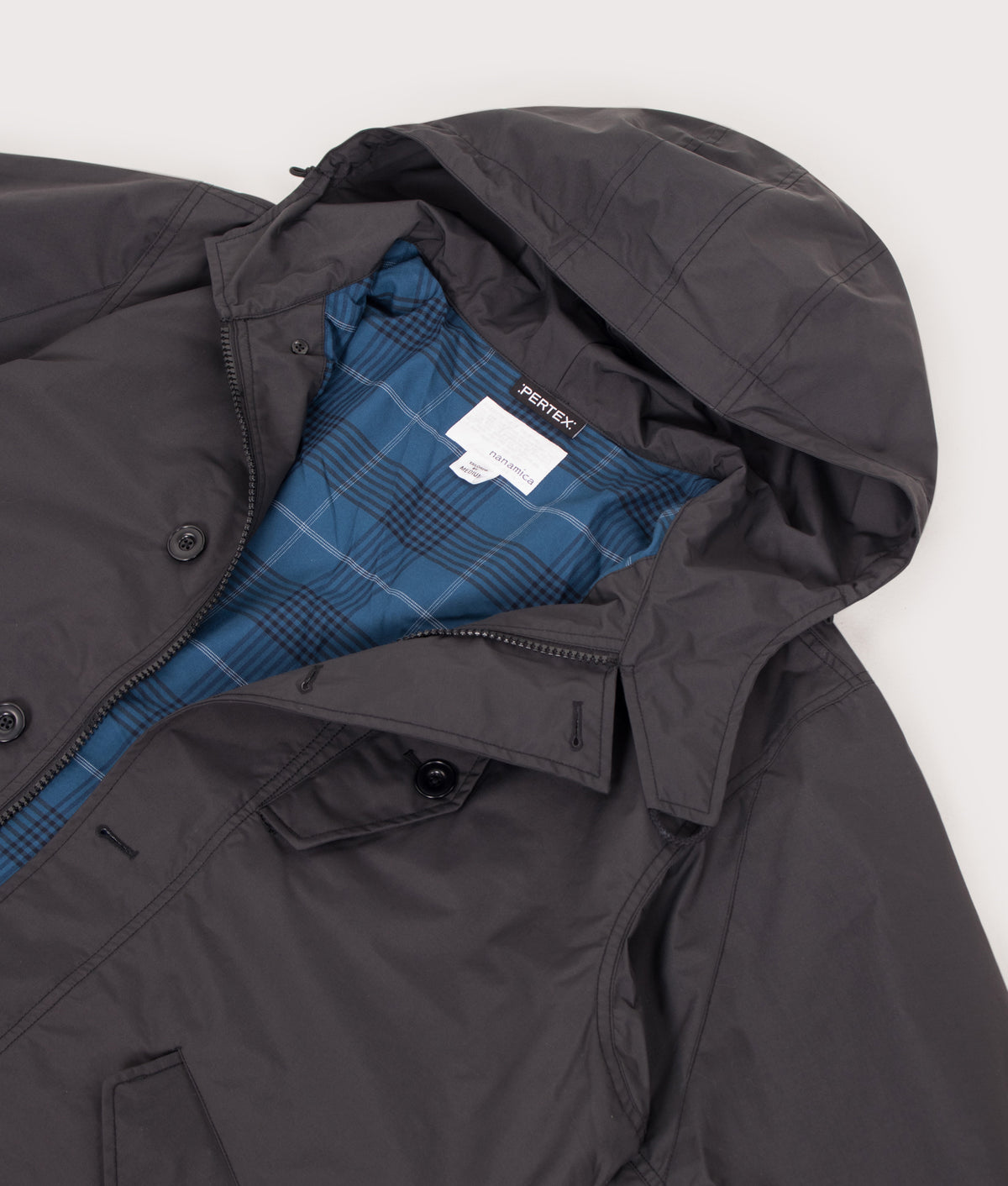 nanamica 2L PERTEX® UNLIMITED Cruiser Jacket in Black at EQVVS Menswear. Detail shot.