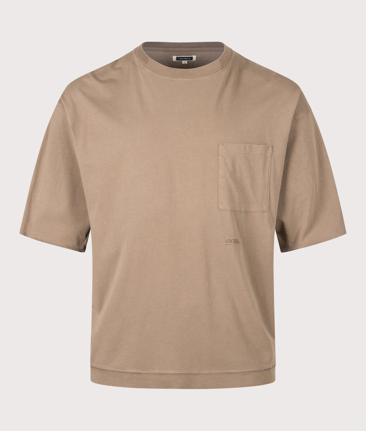 nanamica Oversized Fit OOAL Pocket T-Shirt in Light Brown at EQVVS Menswear. Front shot.
