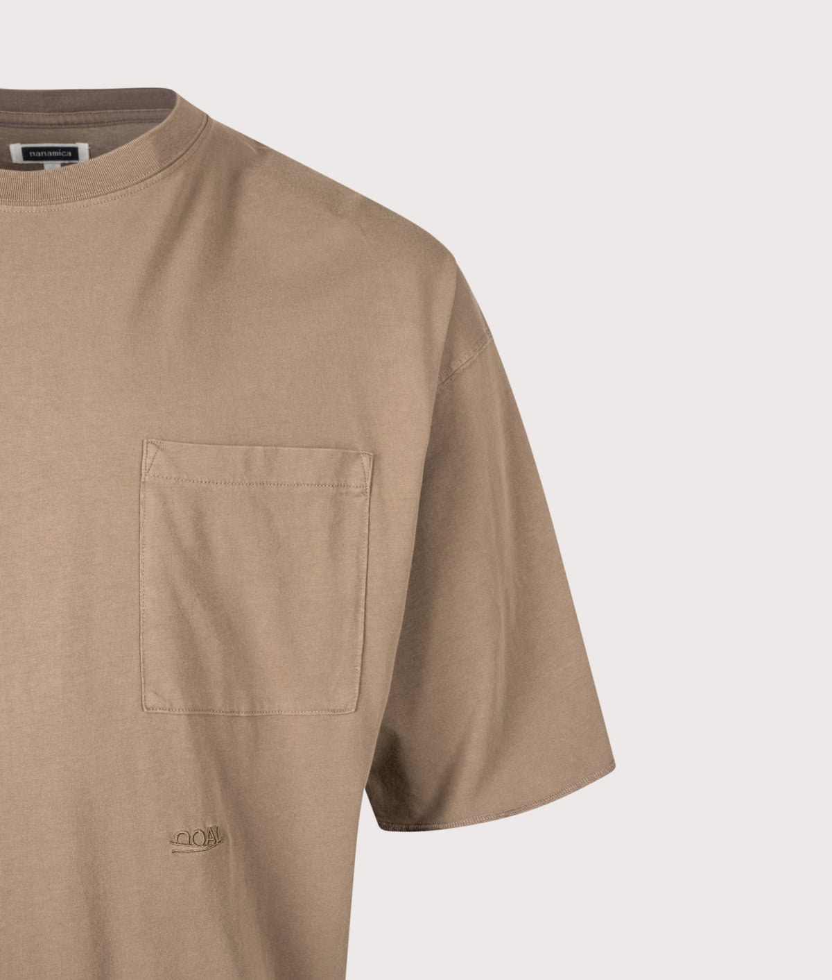 nanamica Oversized Fit OOAL Pocket T-Shirt in Light Brown at EQVVS Menswear. Detail shot.