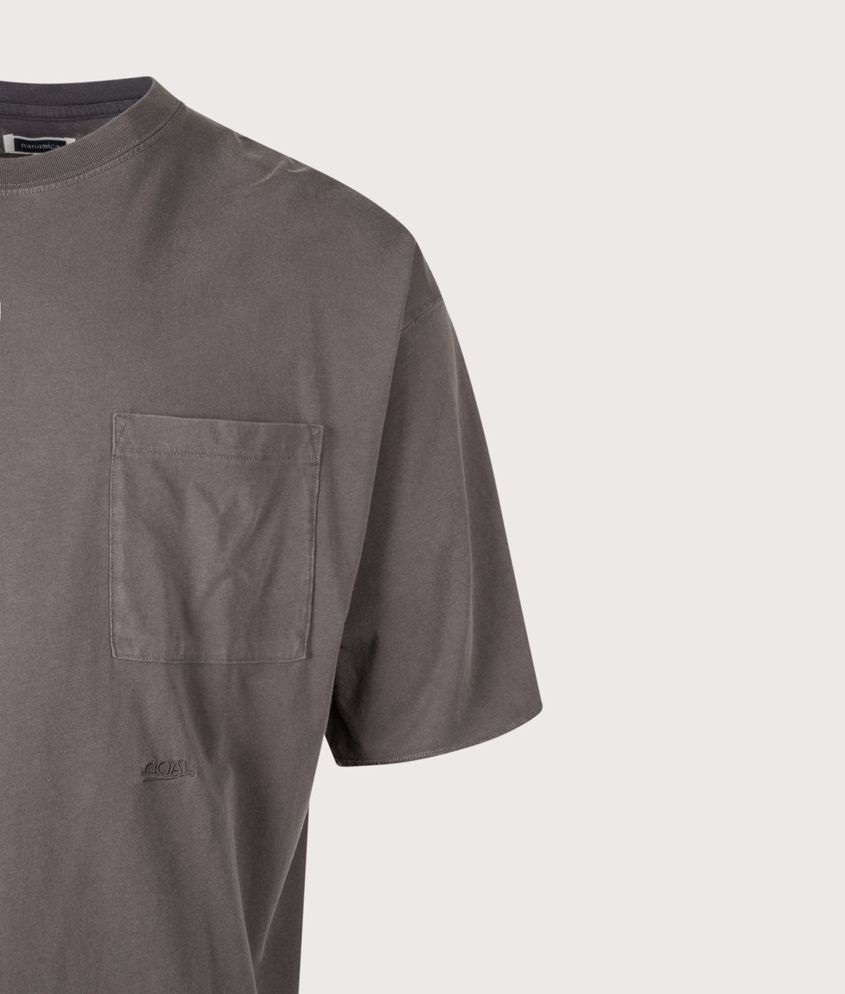 nanamica Oversized Fit OOAL Pocket T-Shirt in Charcoal at EQVVS Menswear. Detail shot.