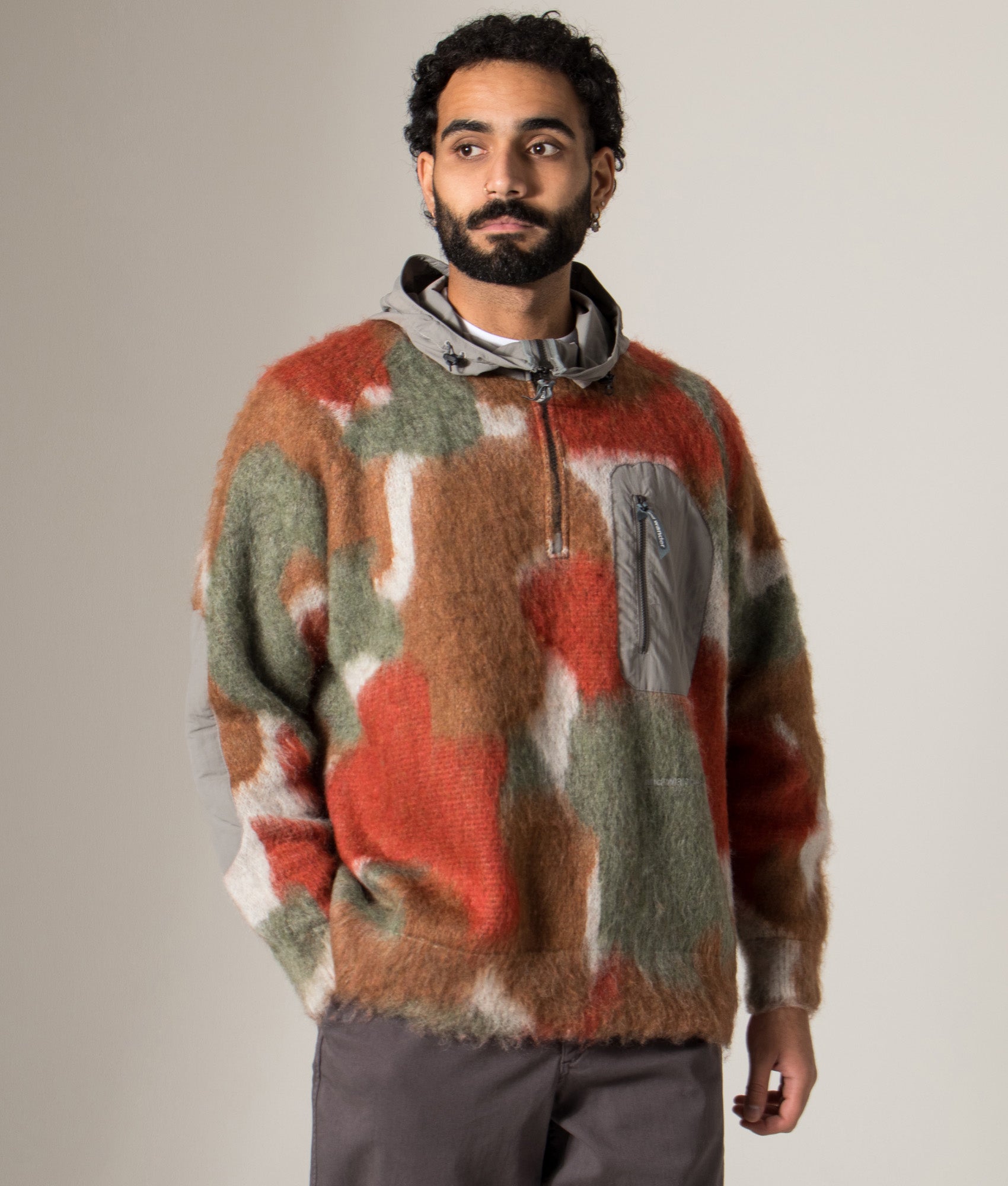 Mix Colour Shaggy Knit Hoodie in Brown Mix | and wander | EQVVS | Front model shot 