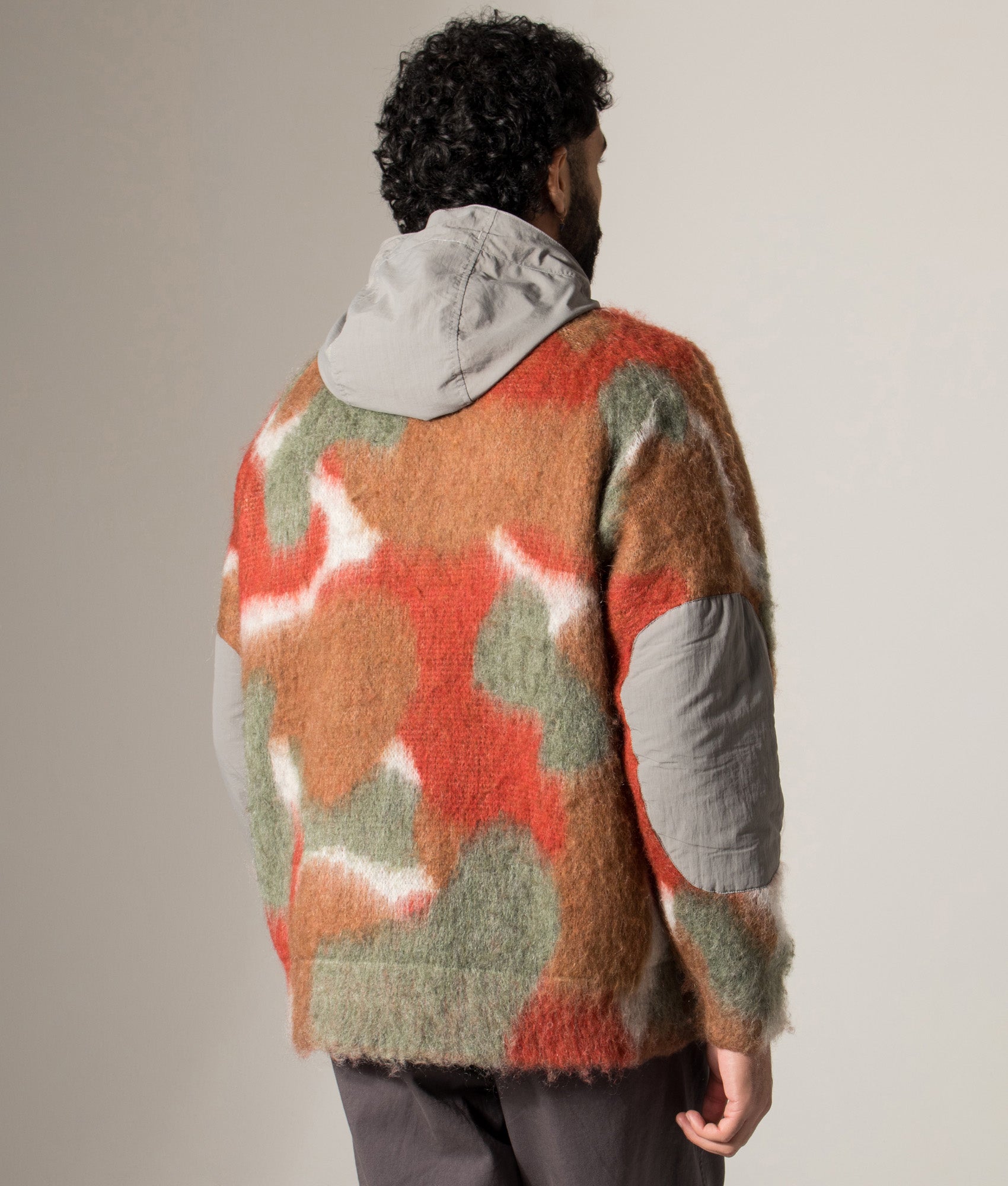 Mix Colour Shaggy Knit Hoodie in Brown Mix | and wander | EQVVS | Back model shot 