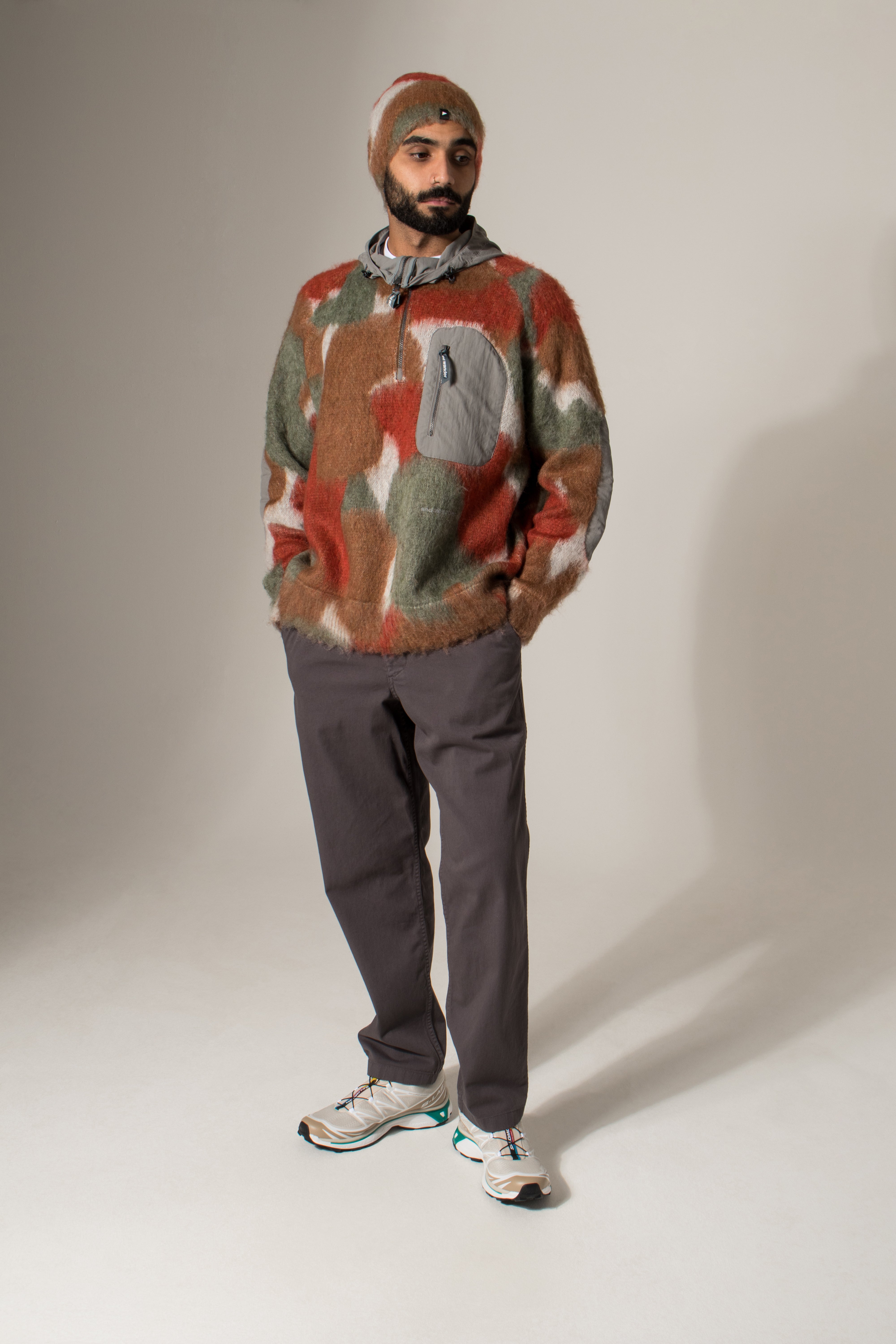 Mix Colour Shaggy Knit Hoodie in Brown Mix | and wander | EQVVS | Front full model shot 