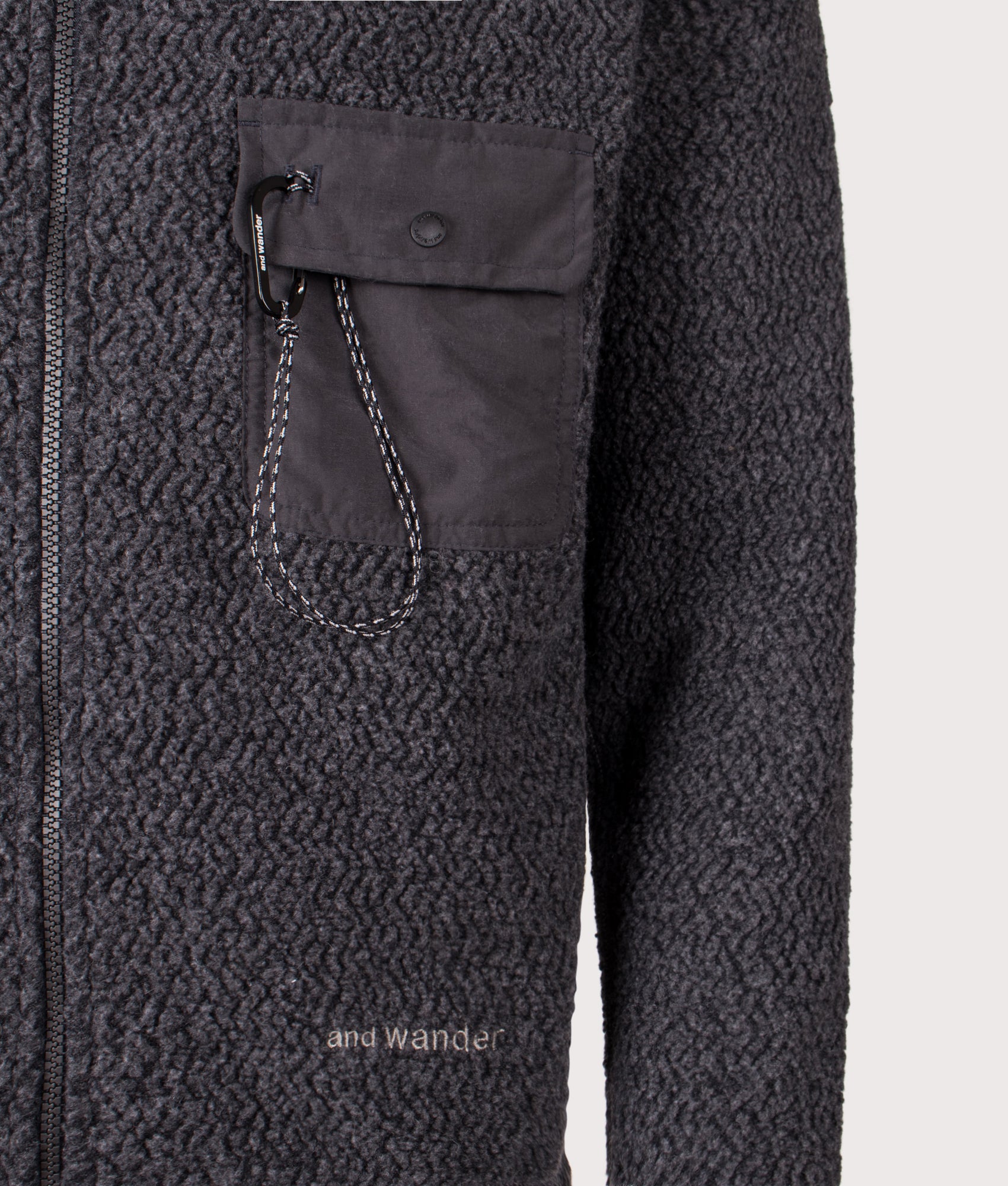 and wander Re Wool JQ Stand Zip Sweatshirt in Charcoal at EQVVS Menswear. Front Detail shot.