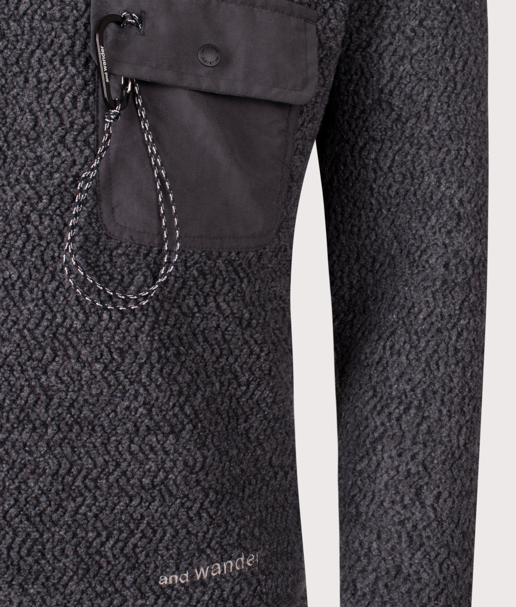 and wander Re Wool JQ Crew Sweatshirt in Charcoal at EQVVS Menswear. Front detail shot.