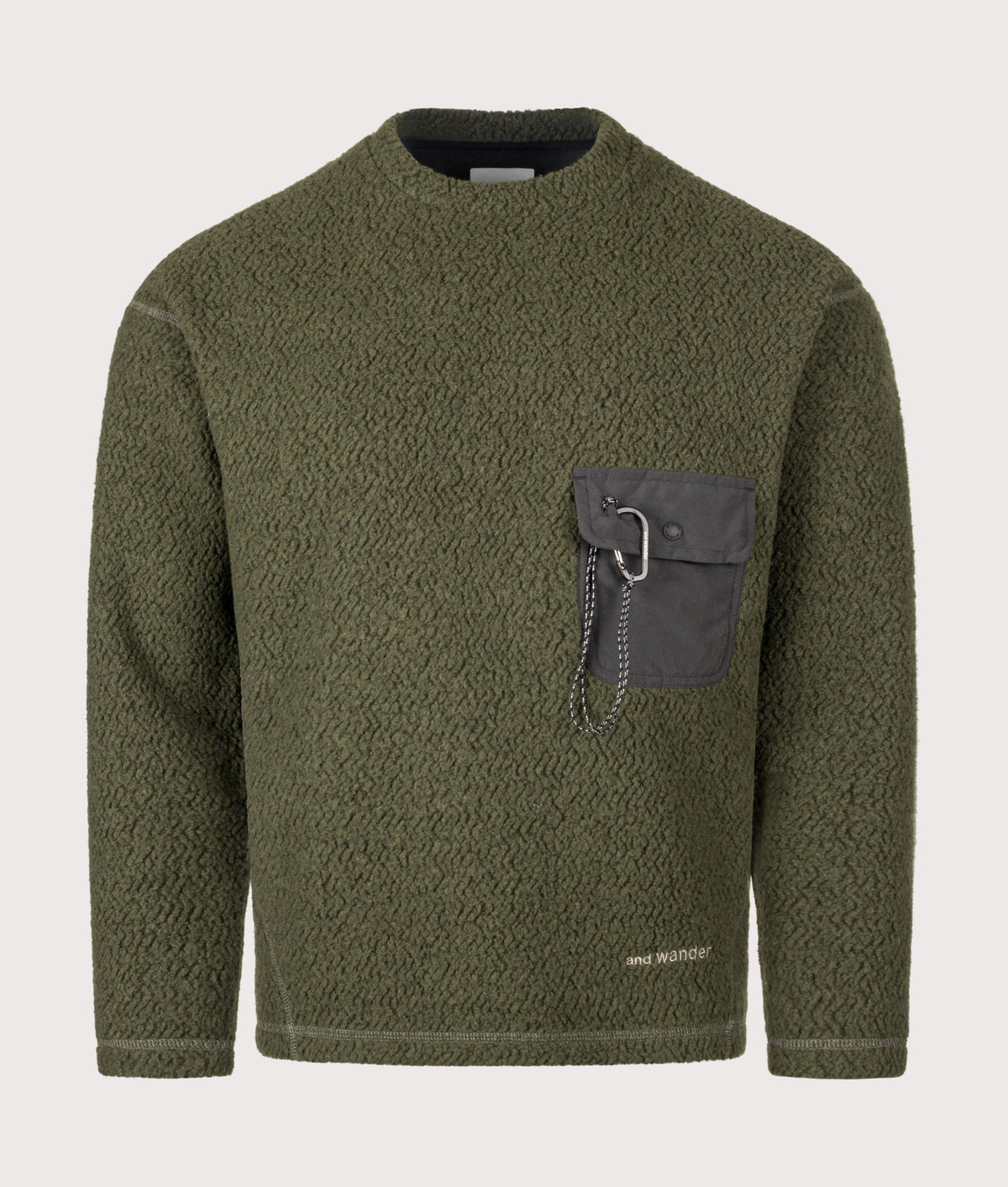 and wander Relaxed fit Re wool JQ Crew Neck Jumper season in Khaki at EQVVS Menswear. Front shot.