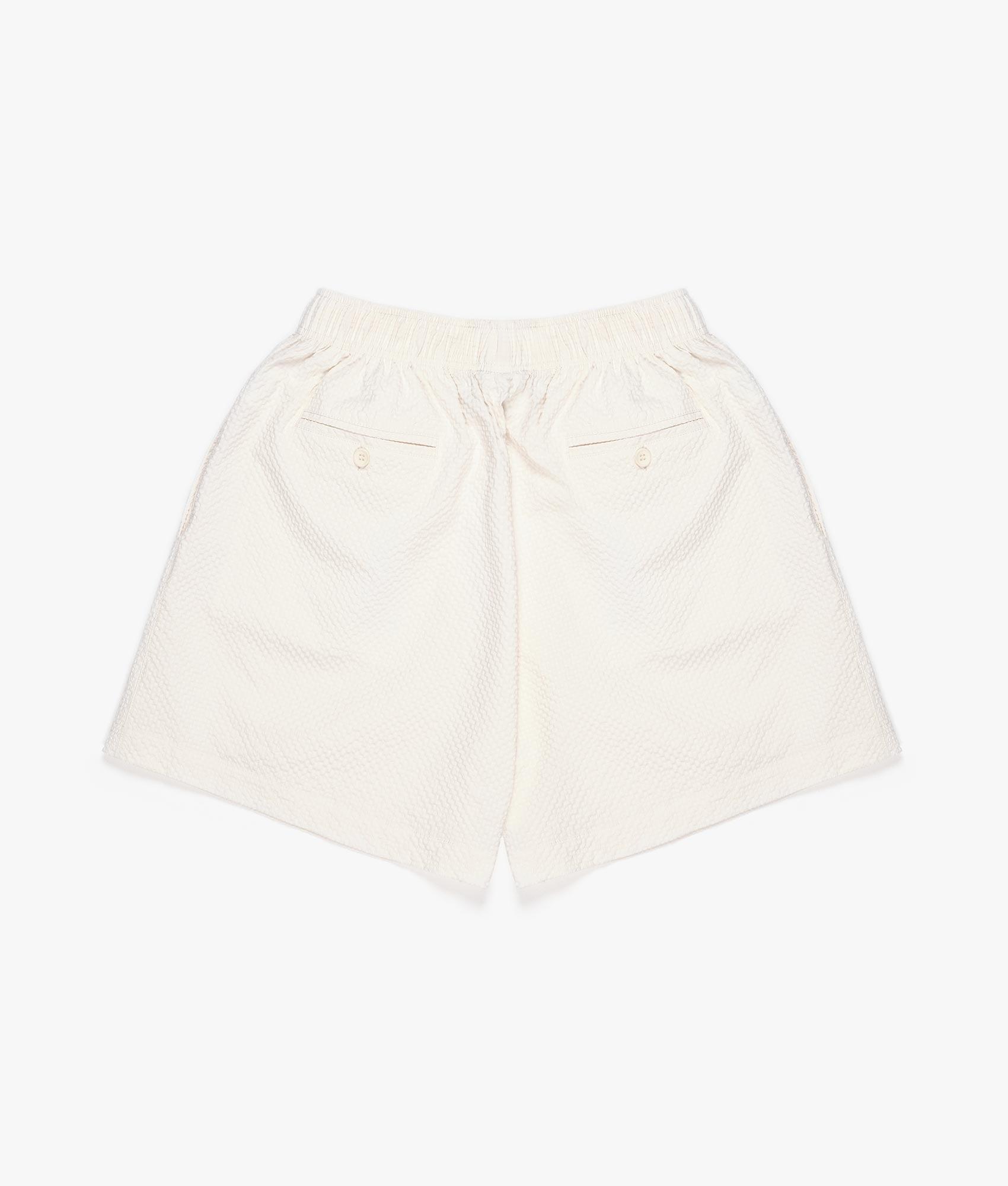 Relaxed Fit Seersucker Shorts in Off White by MKI MIYUKI ZOKU. Back Flat Shot.