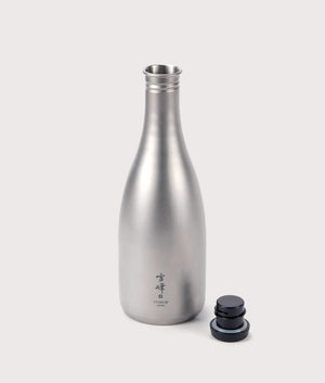 Titanium Sake Bottle in Silver . Titanium | Snow Peak | Front cap off shot 