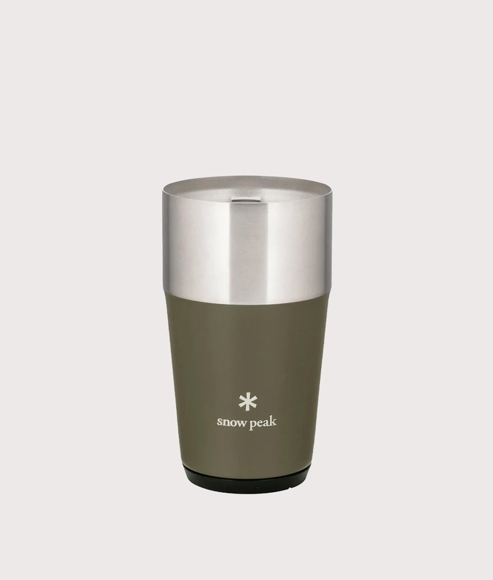Shimo Tumbler 470 in olive green. Stainless Steel | Snow Peak | Front shot 