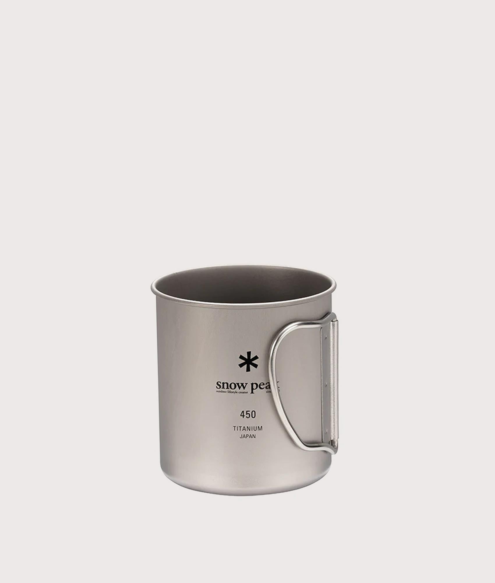 Titanium Single Wall 450 Mug in silver. Stainless Steel | Snow Peak | Front handle shot