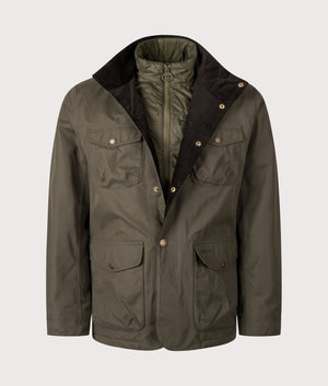 Ogston Waterproof Jacket in Olive | Barbour Lifestyle | Shot at EQVVS | Front open collar shot 