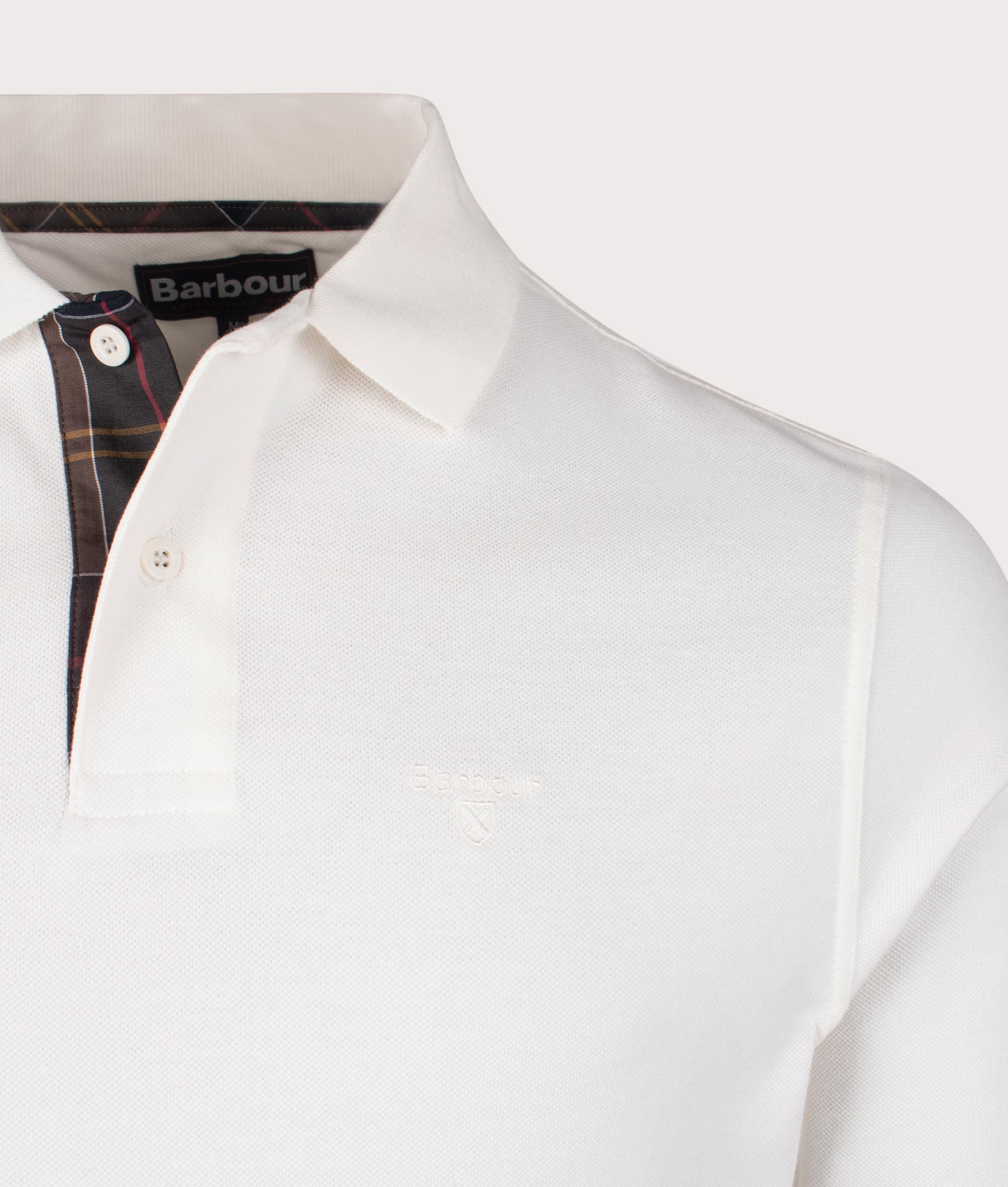 Barbour Essential Long Sleeve Tartan Pique Polo Shirt for Men in Whisper White at EQVVS. Close Up Shot