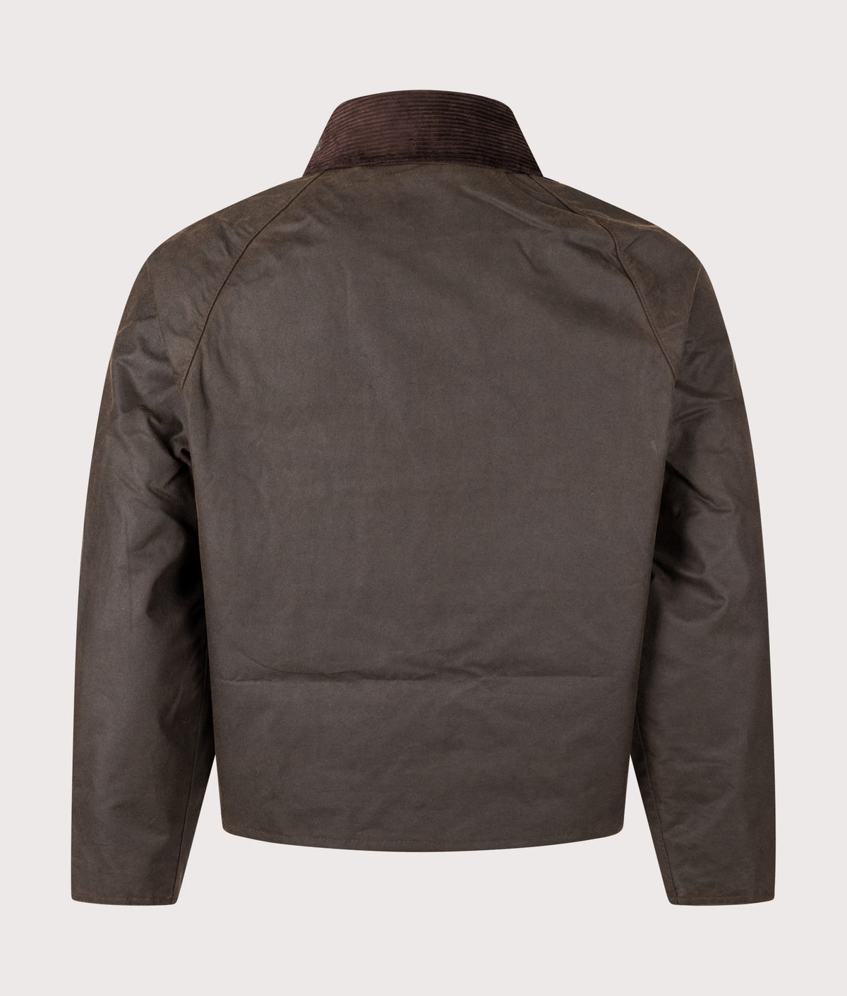 Barbour Lifestyle Cropped Spey Wax Jacket in Olive at EQVVS Menswear. Back shot.