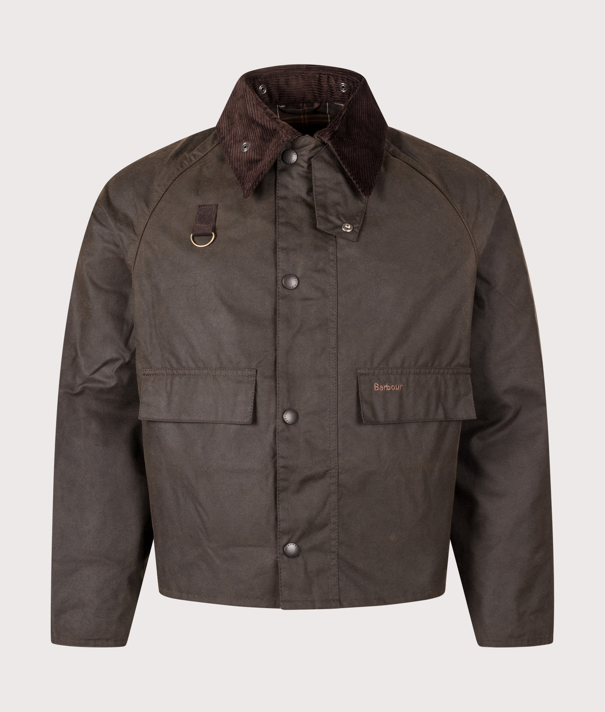 Barbour Lifestyle Cropped Spey Wax Jacket in Olive at EQVVS Menswear. Front shot.