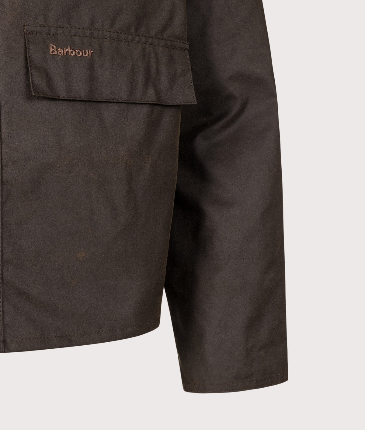 Barbour Lifestyle Cropped Spey Wax Jacket in Olive at EQVVS Menswear. Detail shot.