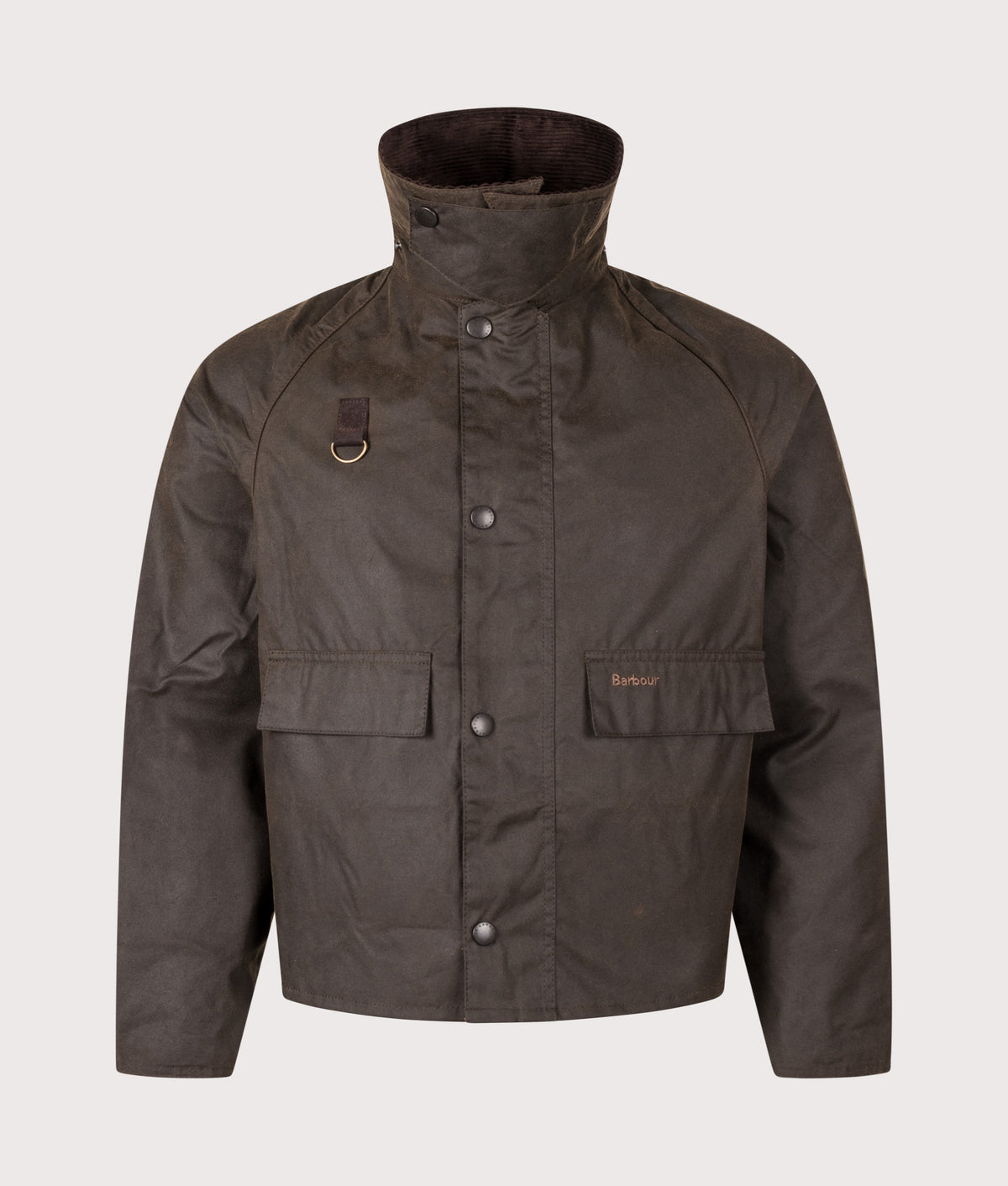 Barbour Lifestyle Cropped Spey Wax Jacket in Olive at EQVVS Menswear. Collar up shot.