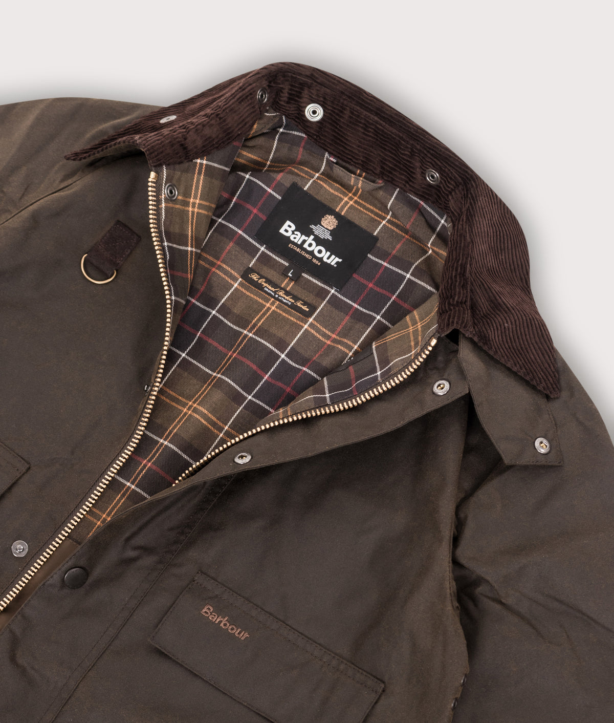 Barbour Lifestyle Cropped Spey Wax Jacket in Olive at EQVVS Menswear. Lining shot.