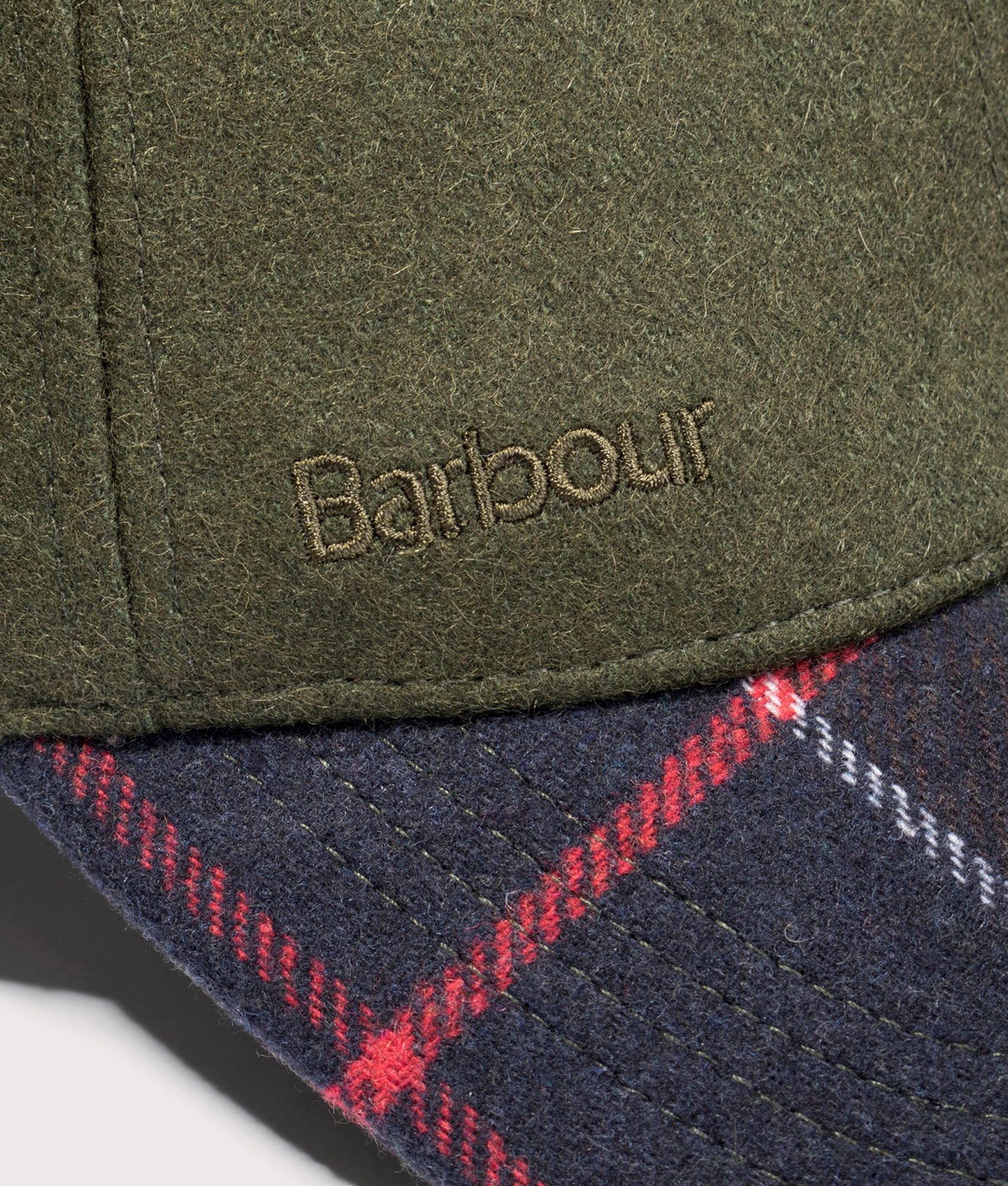 Barbour Lifestyle Roker Sports Woven Cap in Forest Green and Classic at EQVVS Menswear. Detail shot.