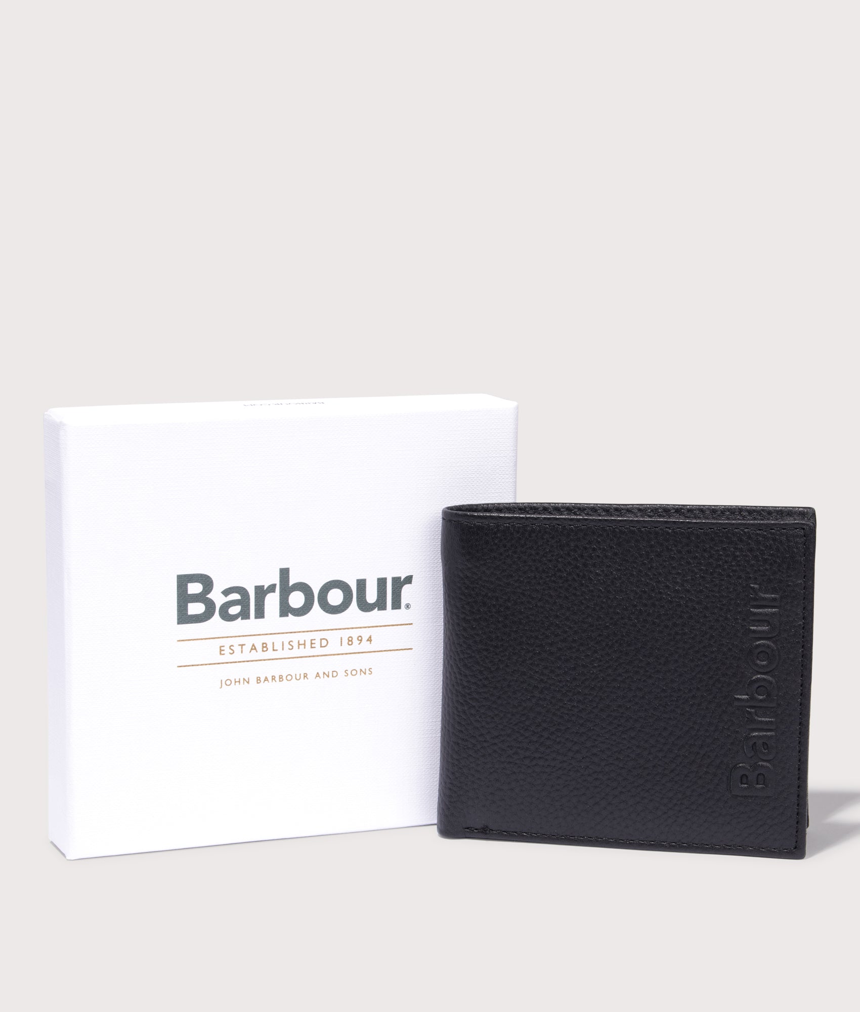 Logo Leather Billfold Wallet in Black | Barbour Lifestyle | EQVVS | Giftbox shot 