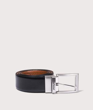 Fife Reversible Leather Belt by Barbour in Black/ Chestnut Brown. Shot by EQVVS. Front Black Shot.