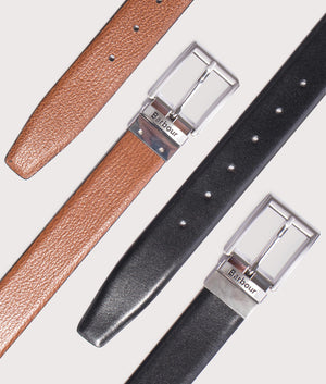 Fife Reversible Leather Belt by Barbour in Black/ Chestnut Brown. Shot by EQVVS. Front Shot.
