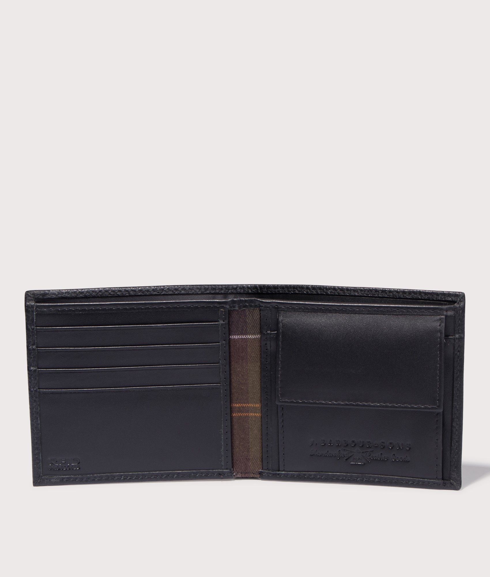 Logo Leather Billfold Wallet in Black | Barbour Lifestyle | EQVVS | Open inside shot 