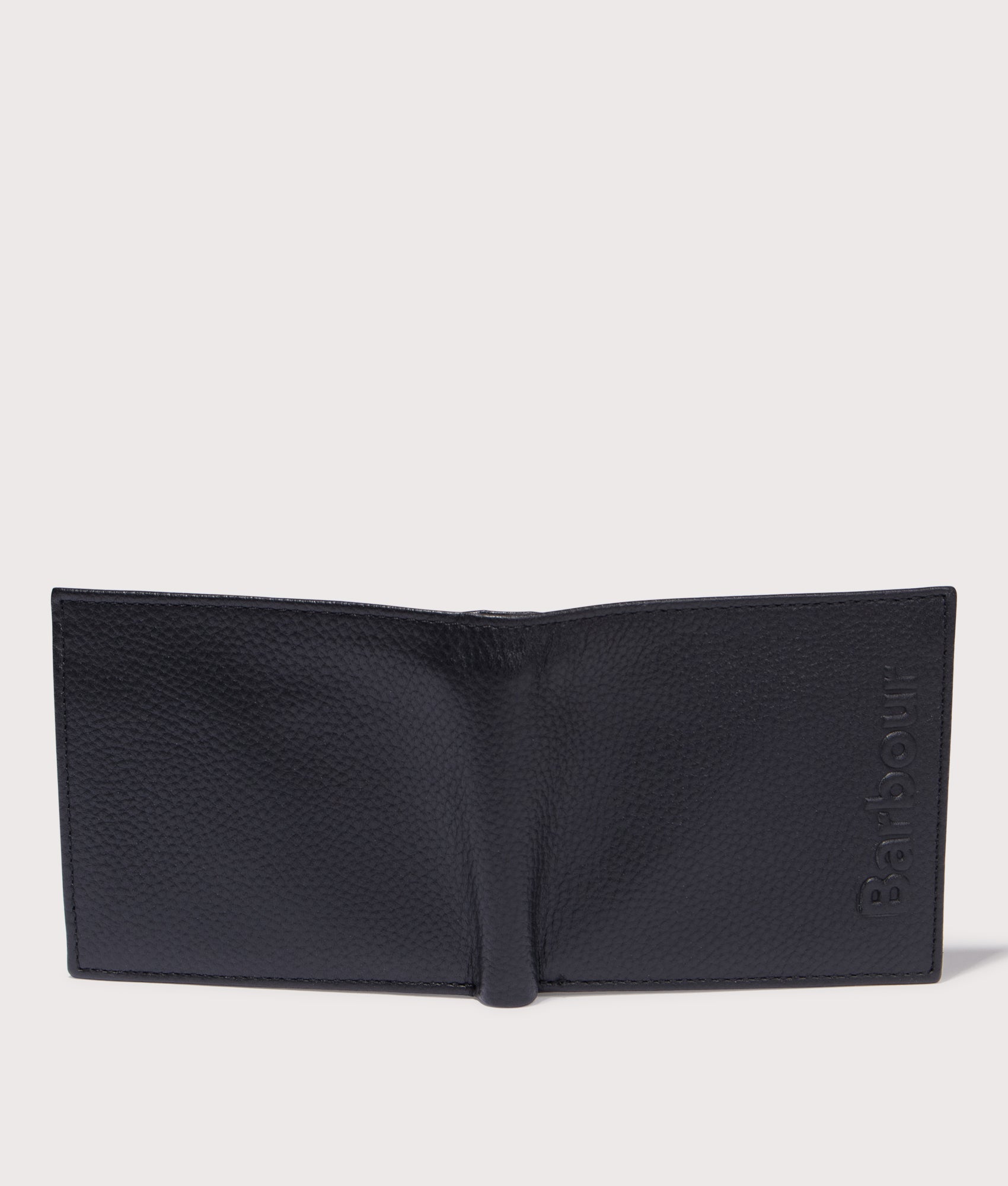 Logo Leather Billfold Wallet in Black | Barbour Lifestyle | EQVVS | Back open shot 